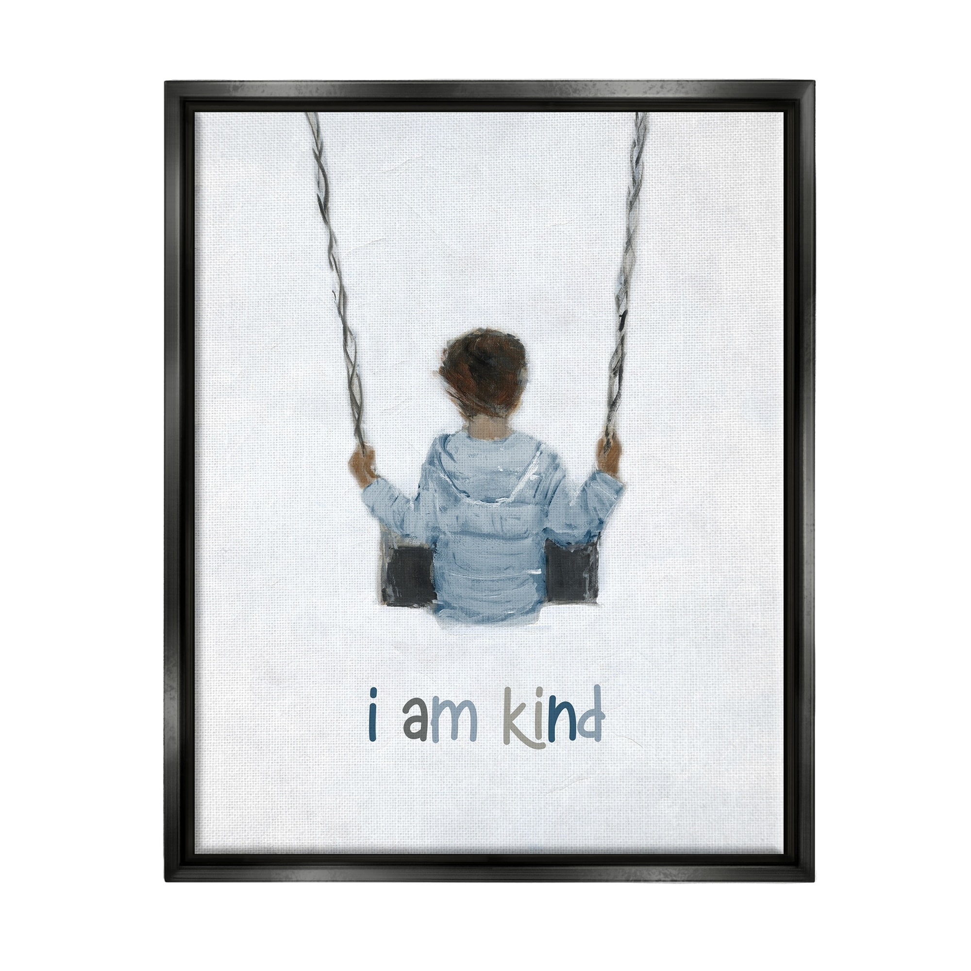 Stupell Industries I am Kind Motivational Child Playing on Swing Graphic Art Jet Black Floating Framed Canvas Print Wall Art, Design by Sally Swatland