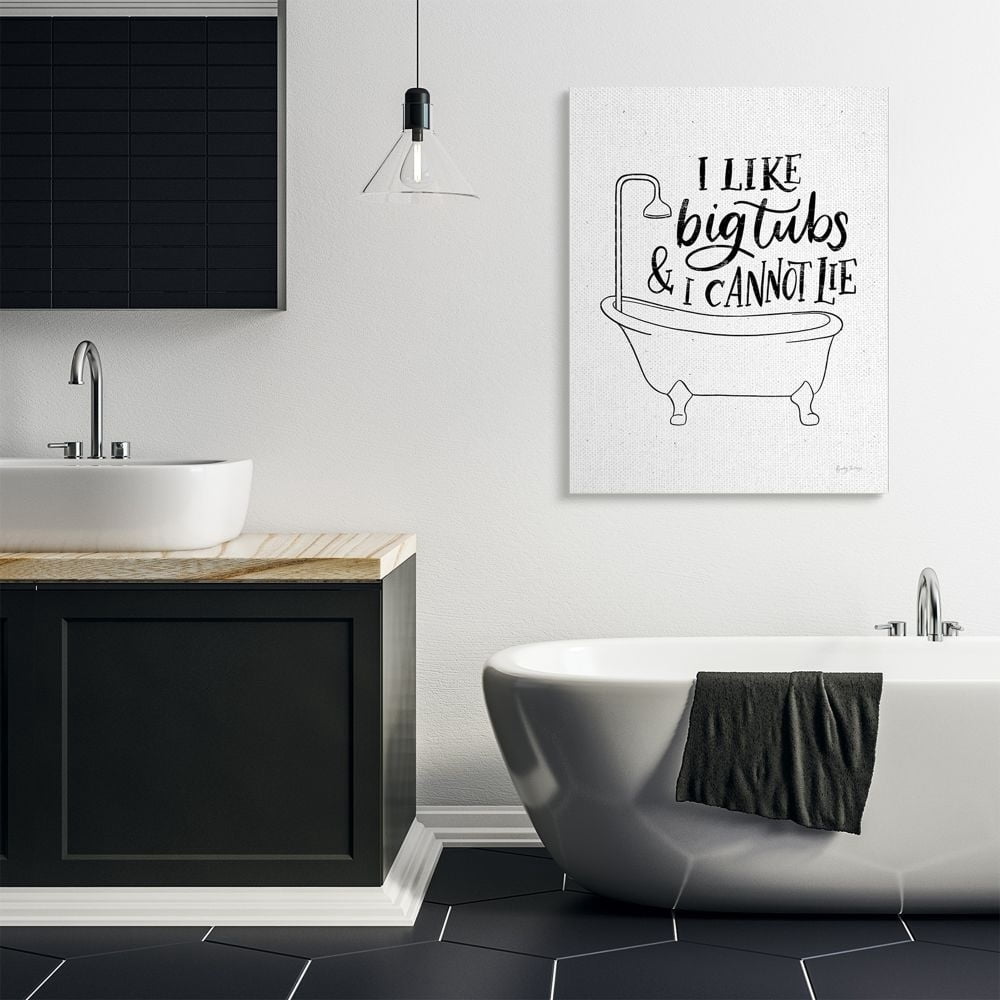 Stupell Industries I Like Big Tubs Bathroom Joke Black White Word Parody Canvas Wall Art Design by Becky Thorns, 36" x 48"