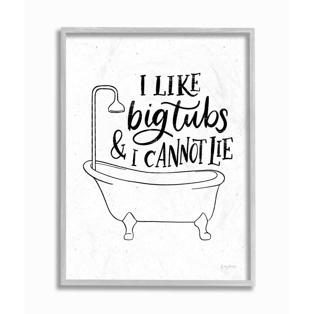 Stupell Industries I Like Big Tubs Bathroom Joke Black White Word Parody Framed Wall Art Design by Becky Thorns, 11" x 14", Gray Framed