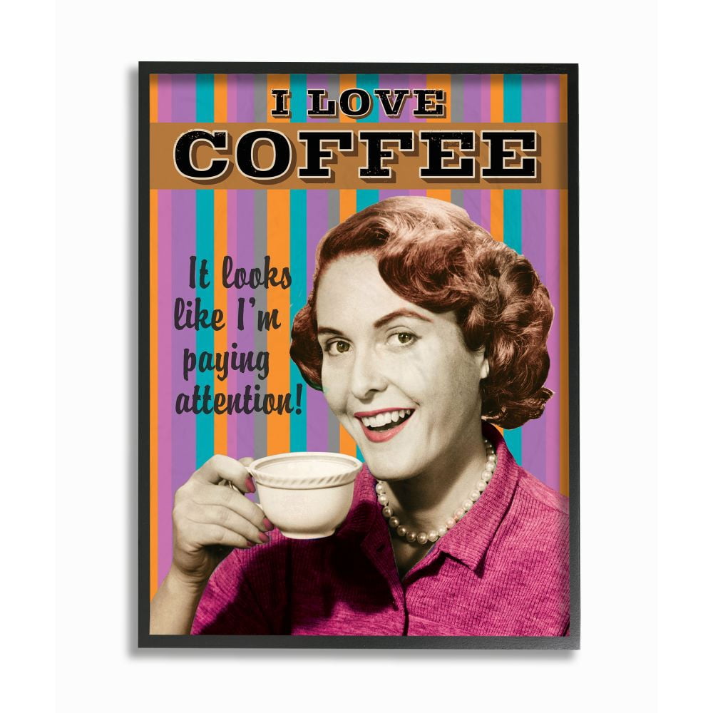 Stupell Industries I Love Coffee Funny Vintage Striped Word Design Graphic Art Black Framed Art Print Wall Art, 11x14, by RetroRocket