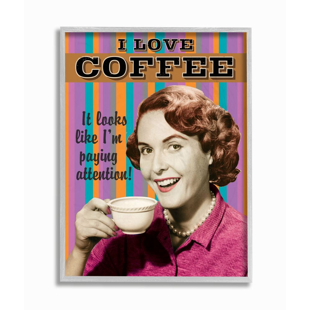Stupell Industries I Love Coffee Funny Vintage Striped Word Design Graphic Art Gray Framed Art Print Wall Art, 16x20, by RetroRocket