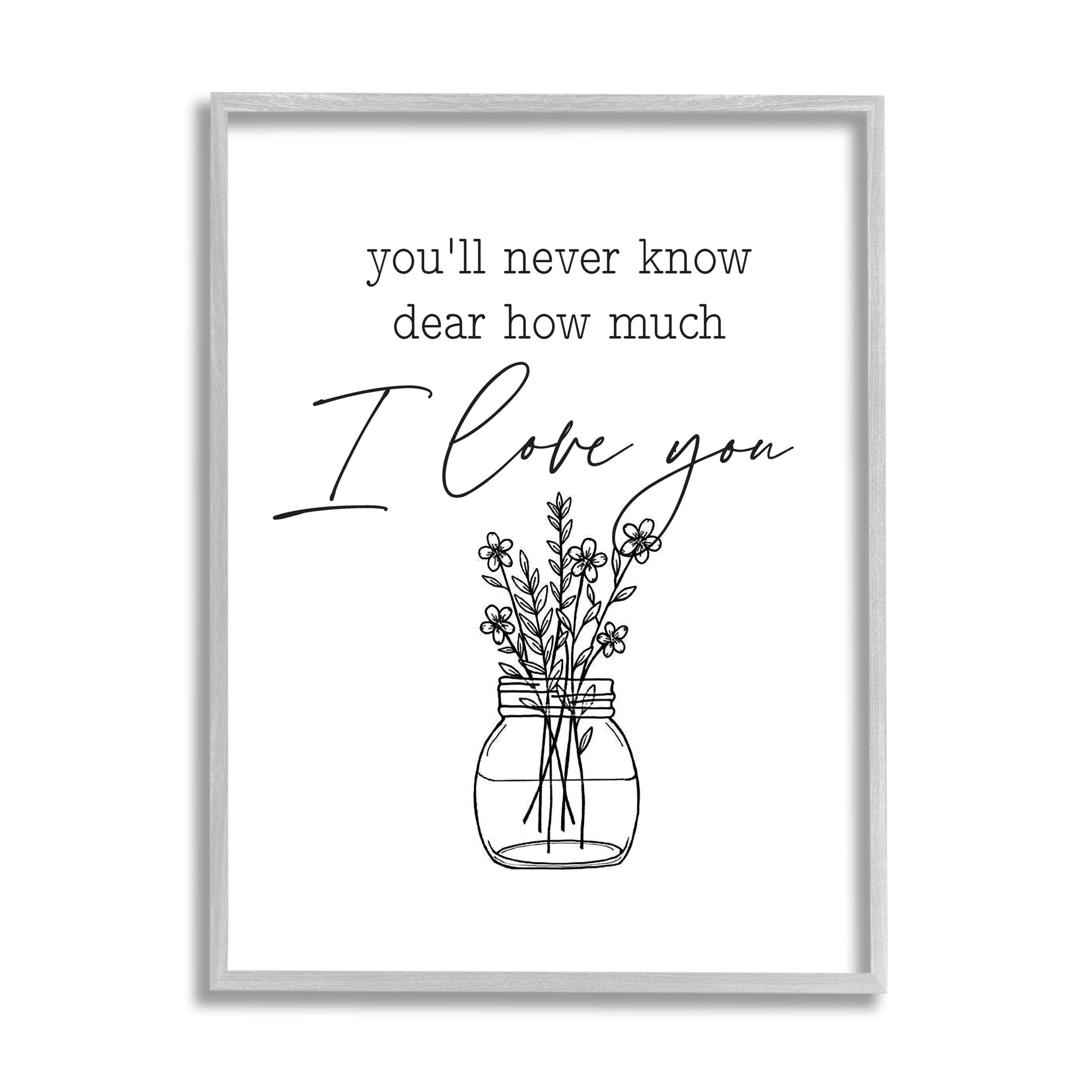 Stupell Industries I Love You Simple Daisy Botanical Outline Bouquet Graphic Art Gray Framed Art Print Wall Art, Design by Lettered and Lined