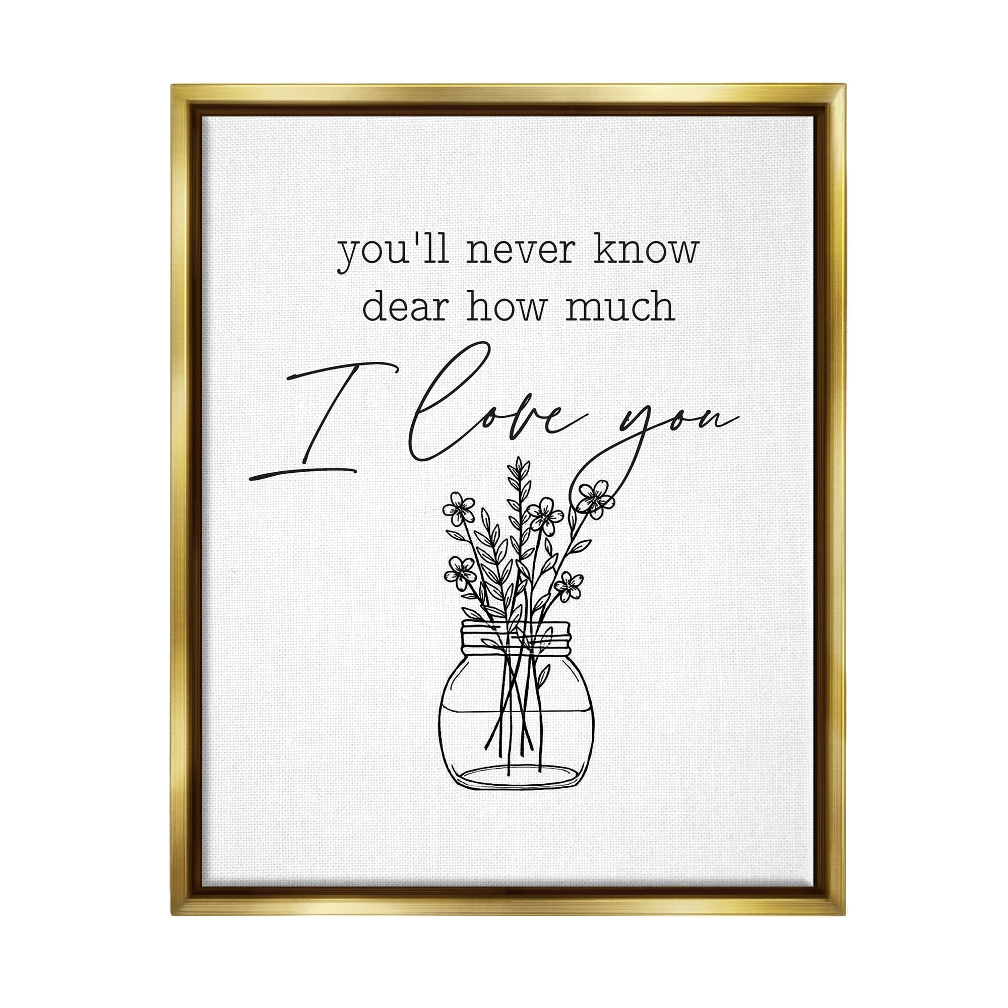 Stupell Industries I Love You Simple Daisy Botanical Outline Bouquet Graphic Art Metallic Gold Floating Framed Canvas Print Wall Art, Design by Lettered and Lined