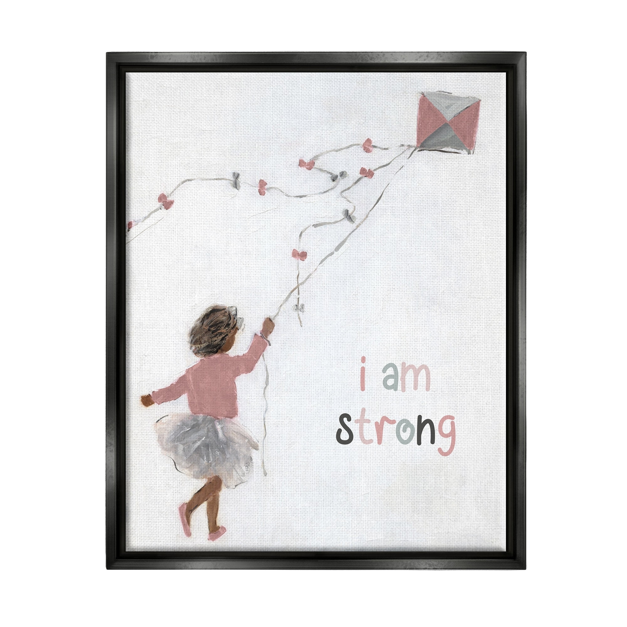Stupell Industries I Am Strong Motivating Kids Kite Flying Painting Graphic Art Jet Black Floating Framed Canvas Print Wall Art, Design by Sally Swatland