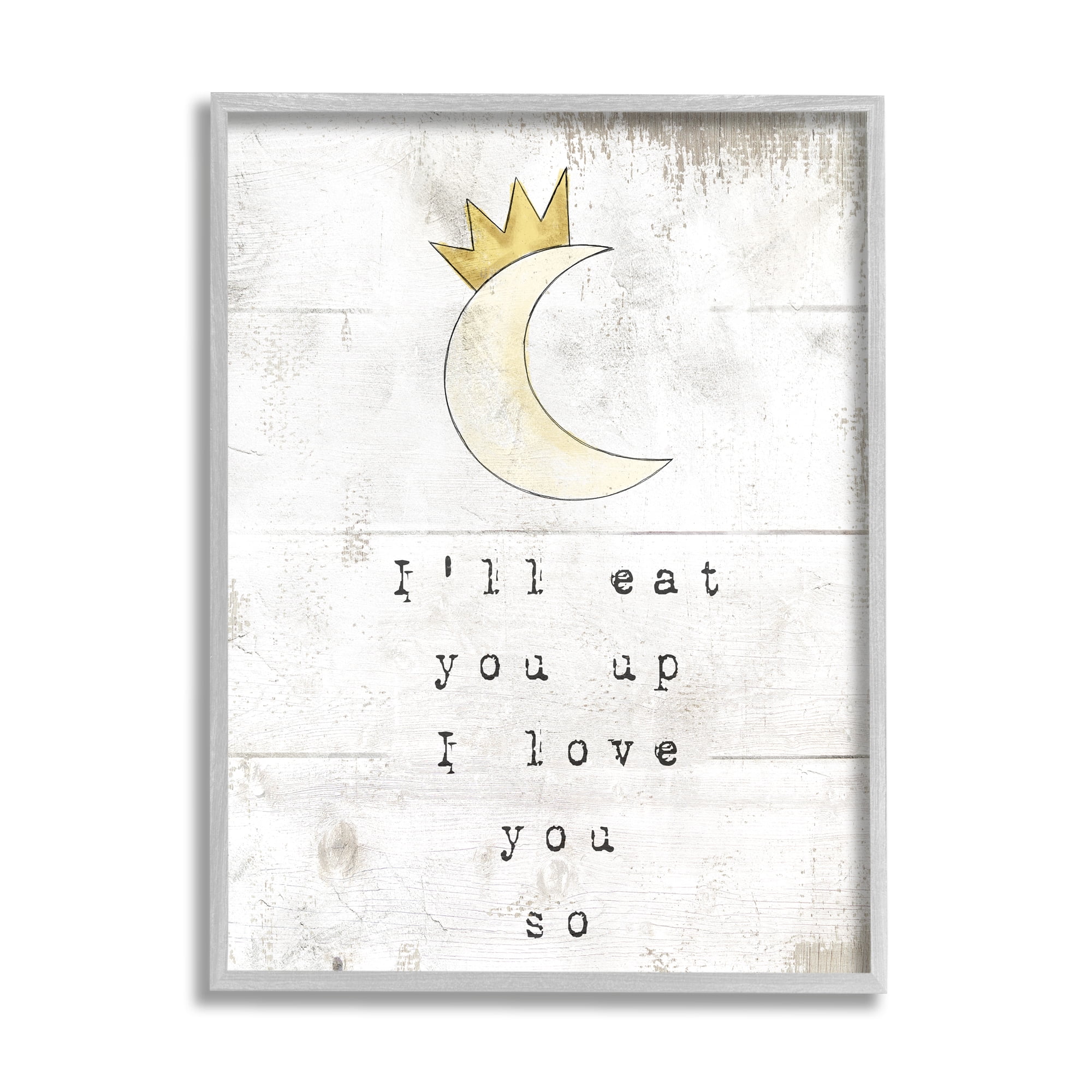 Stupell Industries I'll Eat You Up Phrase Crescent Moon with Crown Literature & Film Painting Gray Framed Art Print Wall Art, 16 x 20