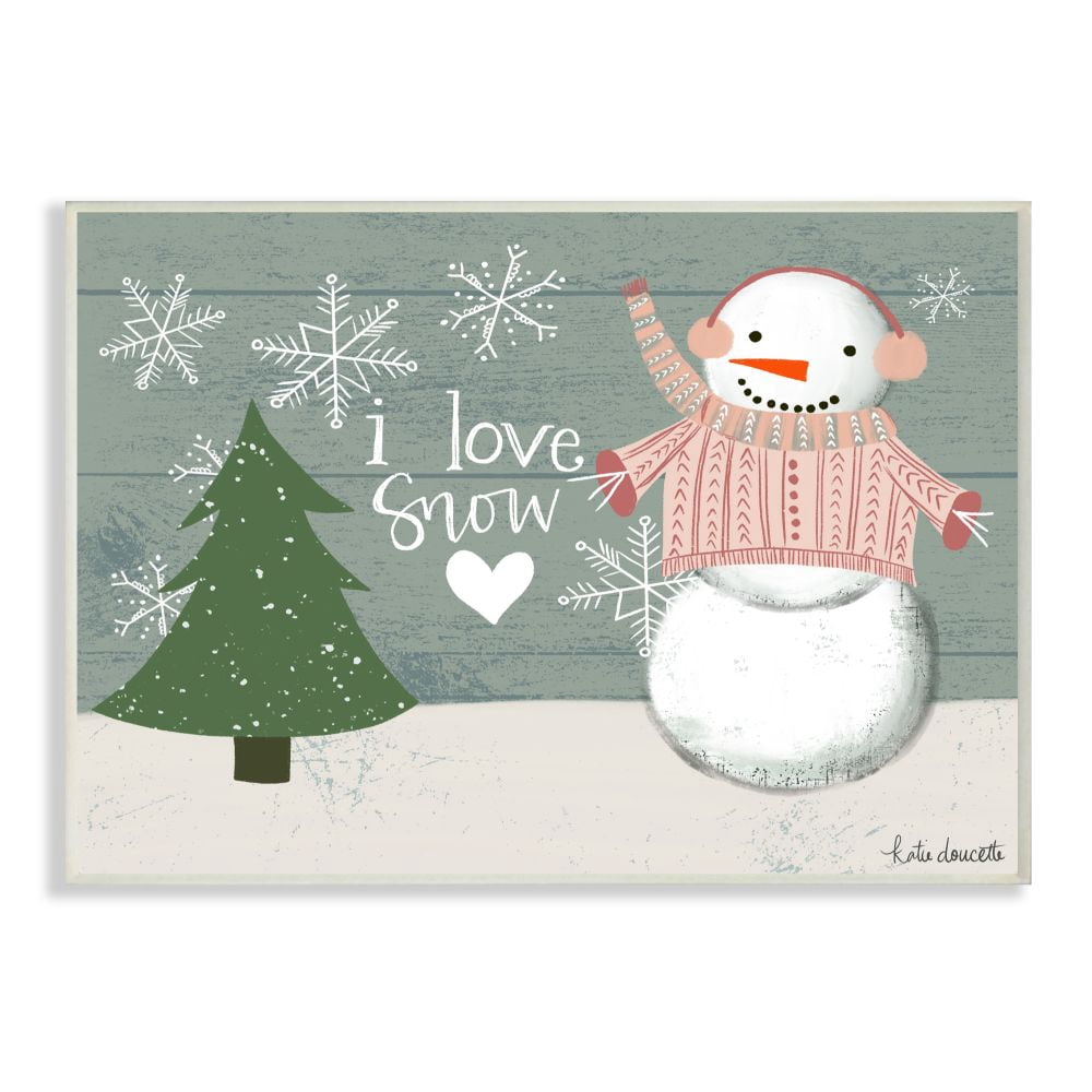 Stupell Industries I love Snow Snowman Wood Texture Holiday Word Design Wood Wall Art By Artist Katie Doucette