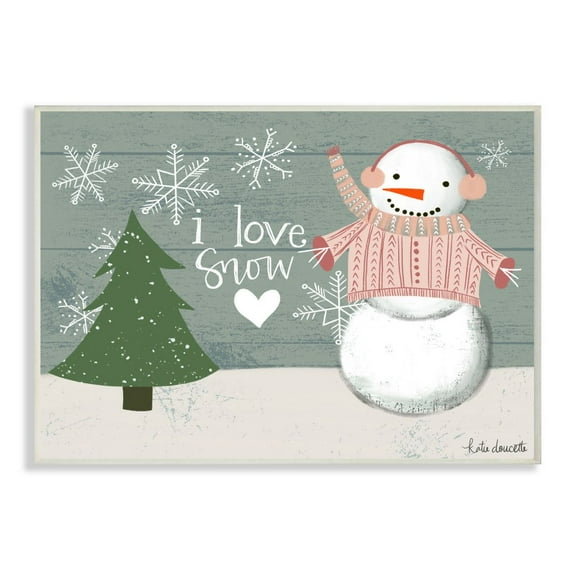 Stupell Industries I love Snow Snowman Wood Texture Holiday Word Design Wood Wall Art By Artist Katie Doucette
