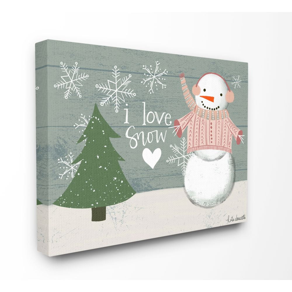 Stupell Industries I love Snow Snowman Wood Texture Holiday Word DesignCanvas Wall Art By Artist Katie Doucette