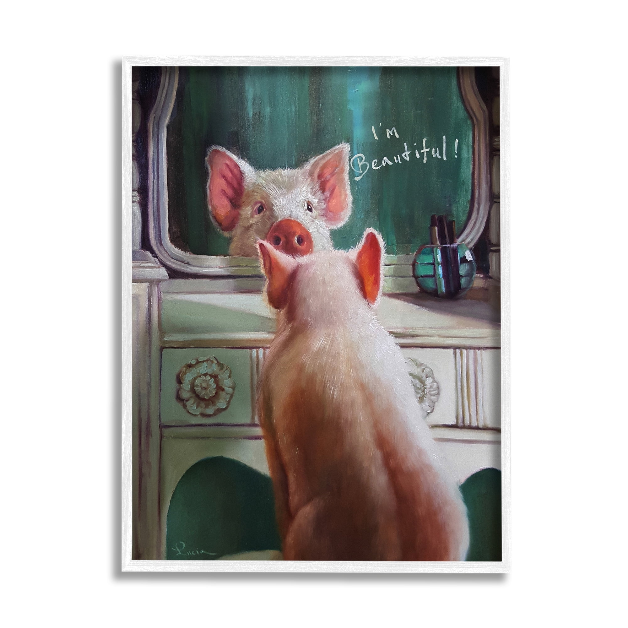 Stupell Industries I'm Beautiful Painted Pig in Mirror Illustration, 16 x 20,Design by Lucia Heffernan