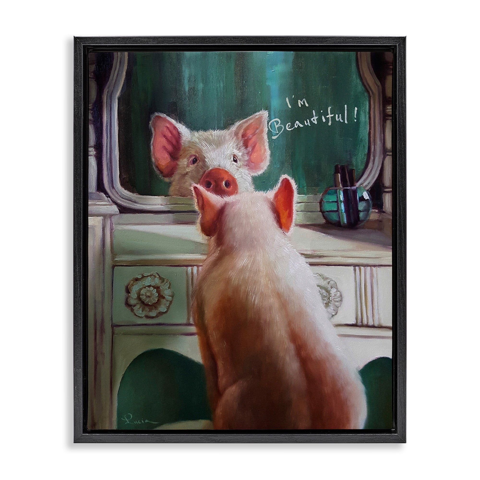 Stupell Industries I'm Beautiful Painted Pig in Mirror Illustration Jet Black Framed Floating Canvas Wall Art, 24x30, by Lucia Heffernan