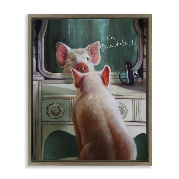 Stupell Industries I'm Beautiful Pig in Mirror Animals & Insects Painting Brown Floater Framed Canvas Art Print Wall Art, 17 x 21