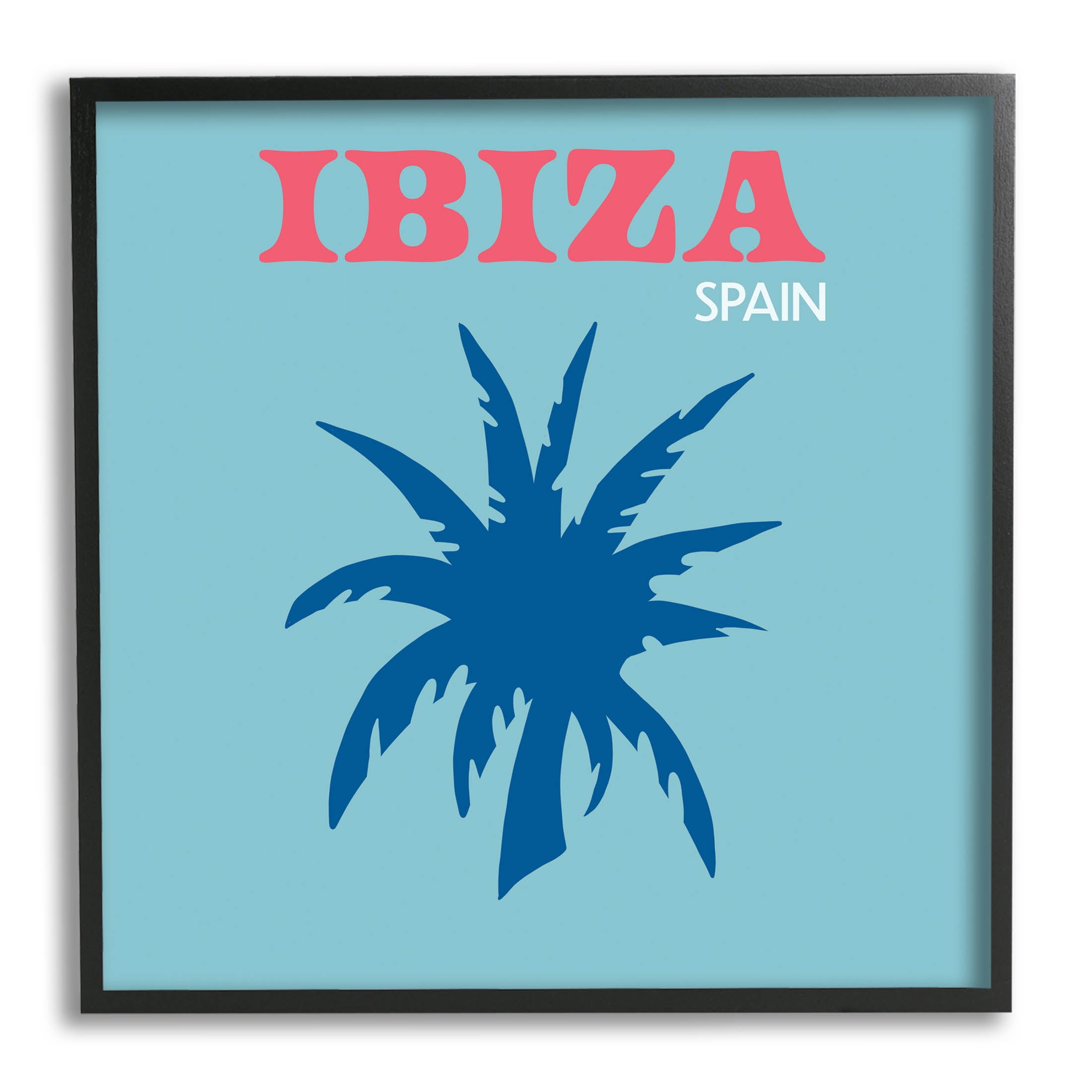Ibiza Palm Tree Silhouette Blue Canvas Print with Black Frame