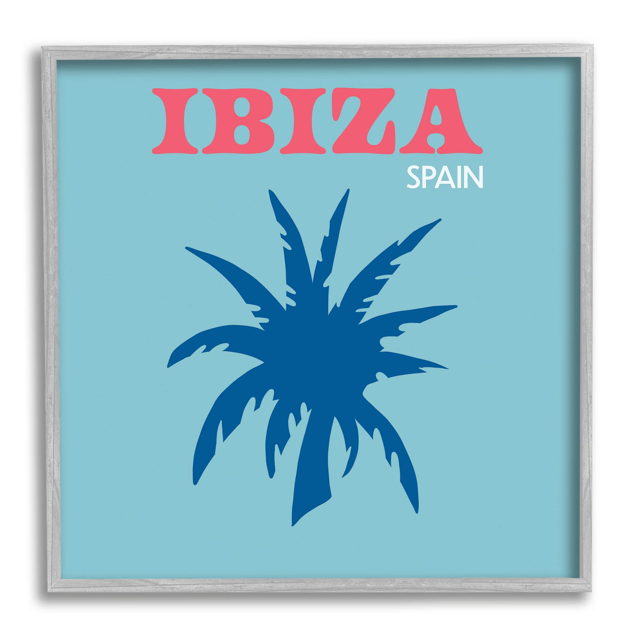 Ibiza Palm Tree Silhouette Blue Canvas Print with Gray Frame