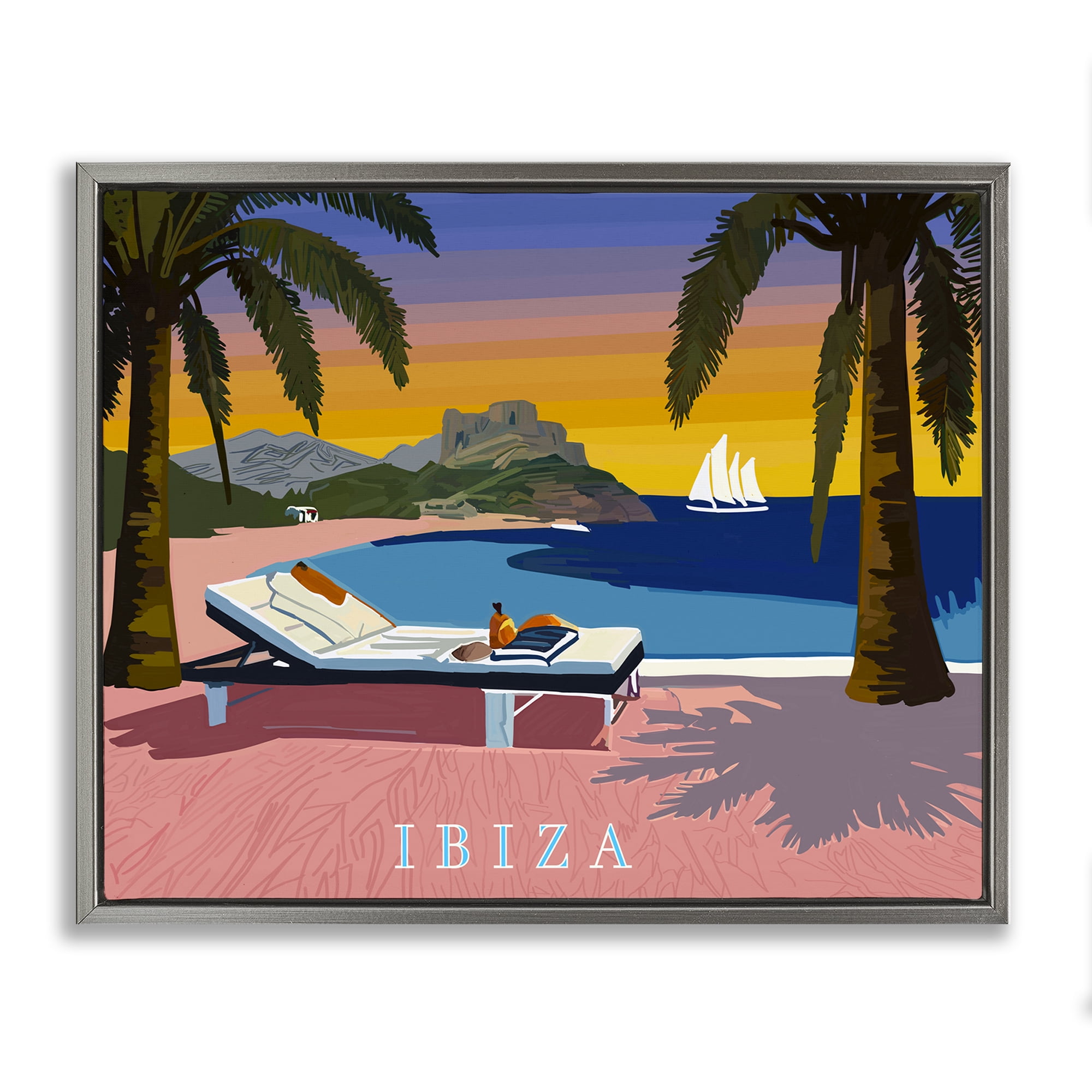 Stupell Industries Ibiza Tropical Beach View Cities & Countries Painting Gray Floater Framed Canvas Art Print Wall Art, 21 x 17