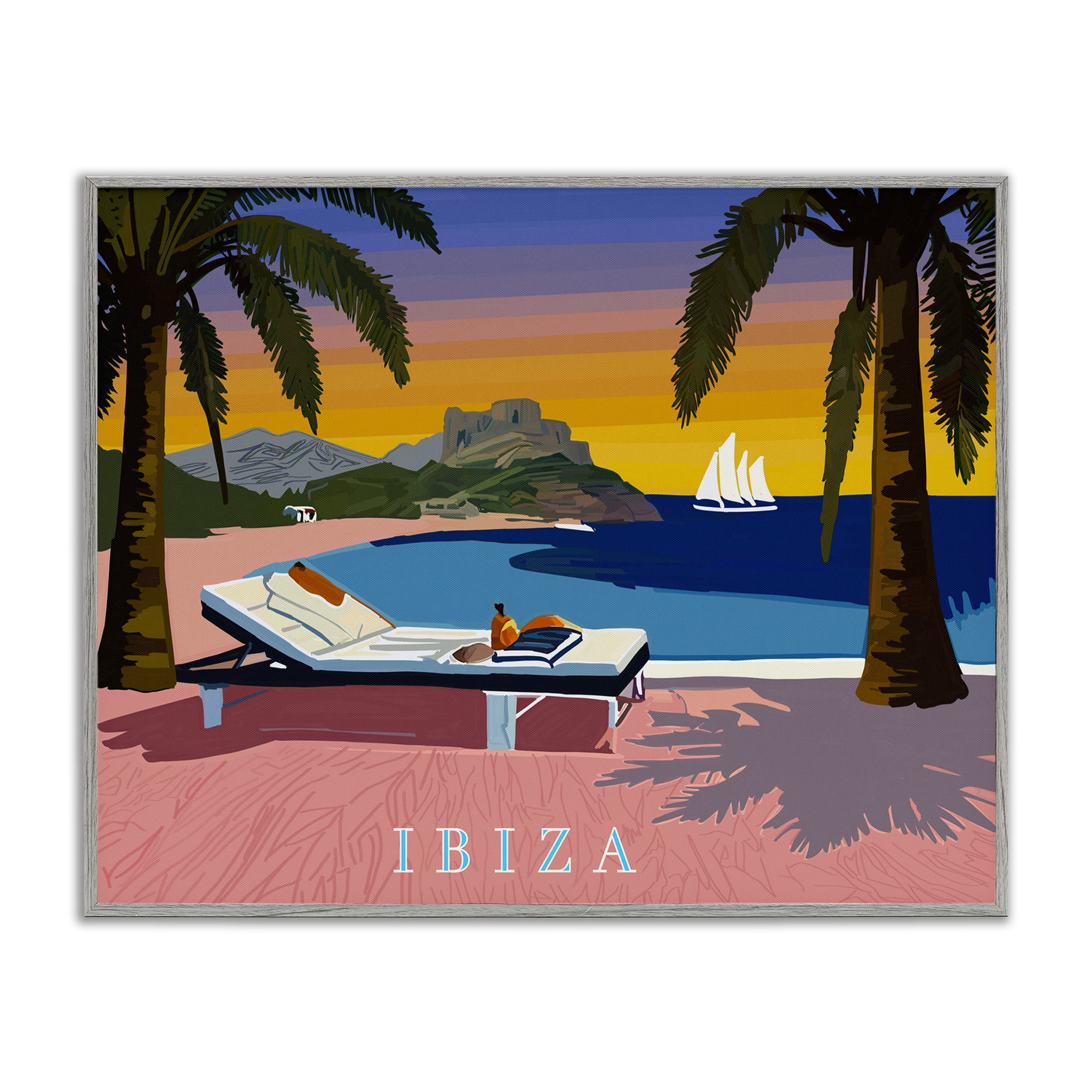 Stupell Industries Ibiza Tropical Beach View Cities & Countries Painting Gray Framed Art Print Wall Art, 20 x 16