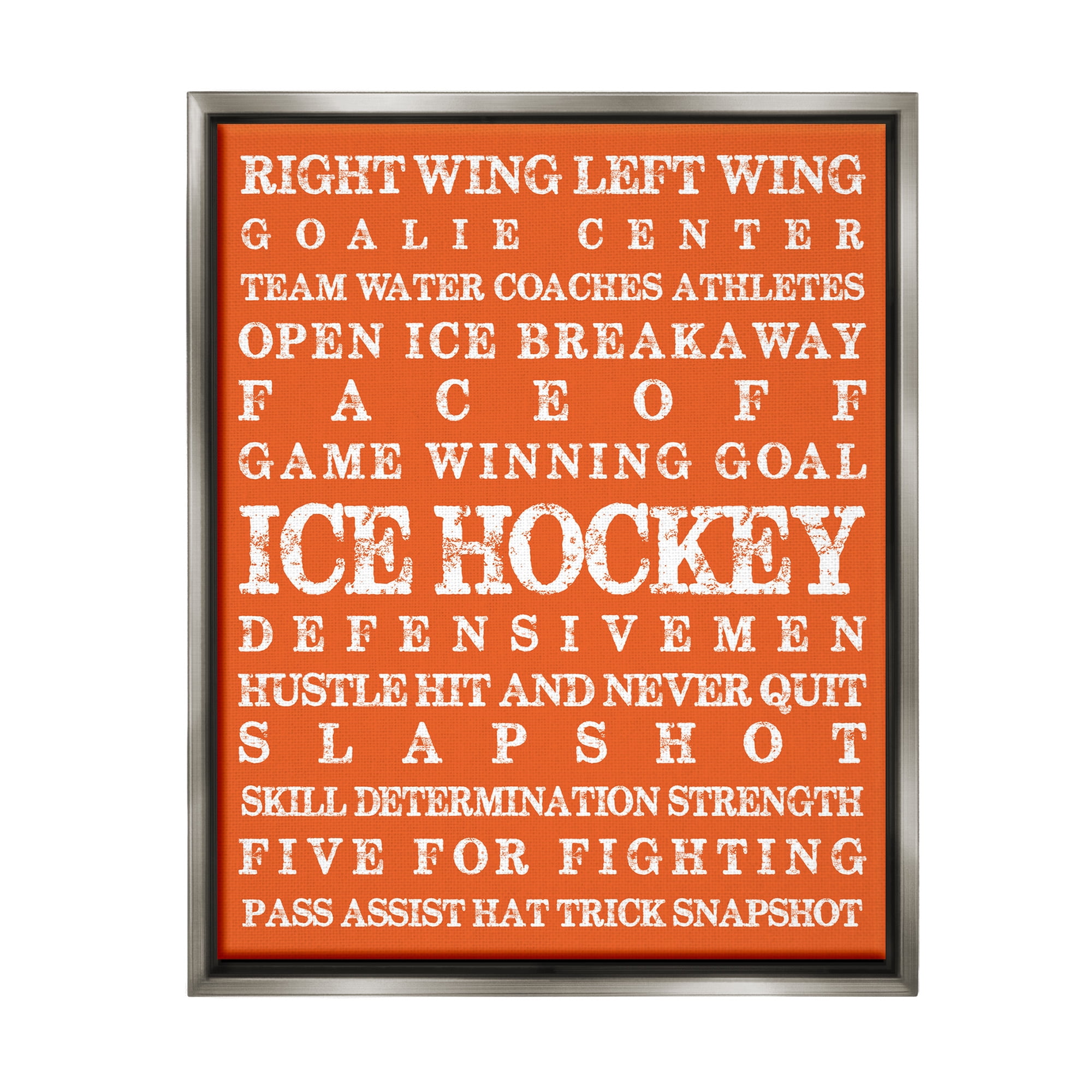 Stupell Industries Ice Hockey Phrases Sports Painting Gray Floater Framed Canvas Art Print Wall Art, 25 x 31