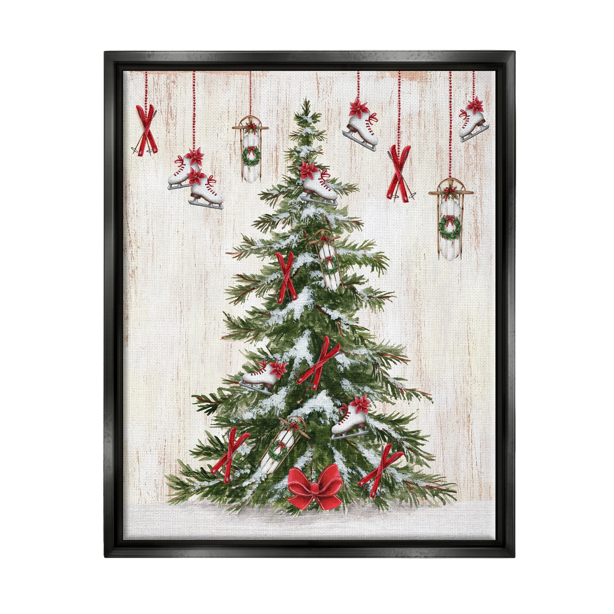 Stupell Industries Ice Skates & Sleds on Tree Holiday Painting Black Floater Framed Canvas Art Print Wall Art, 25 x 31