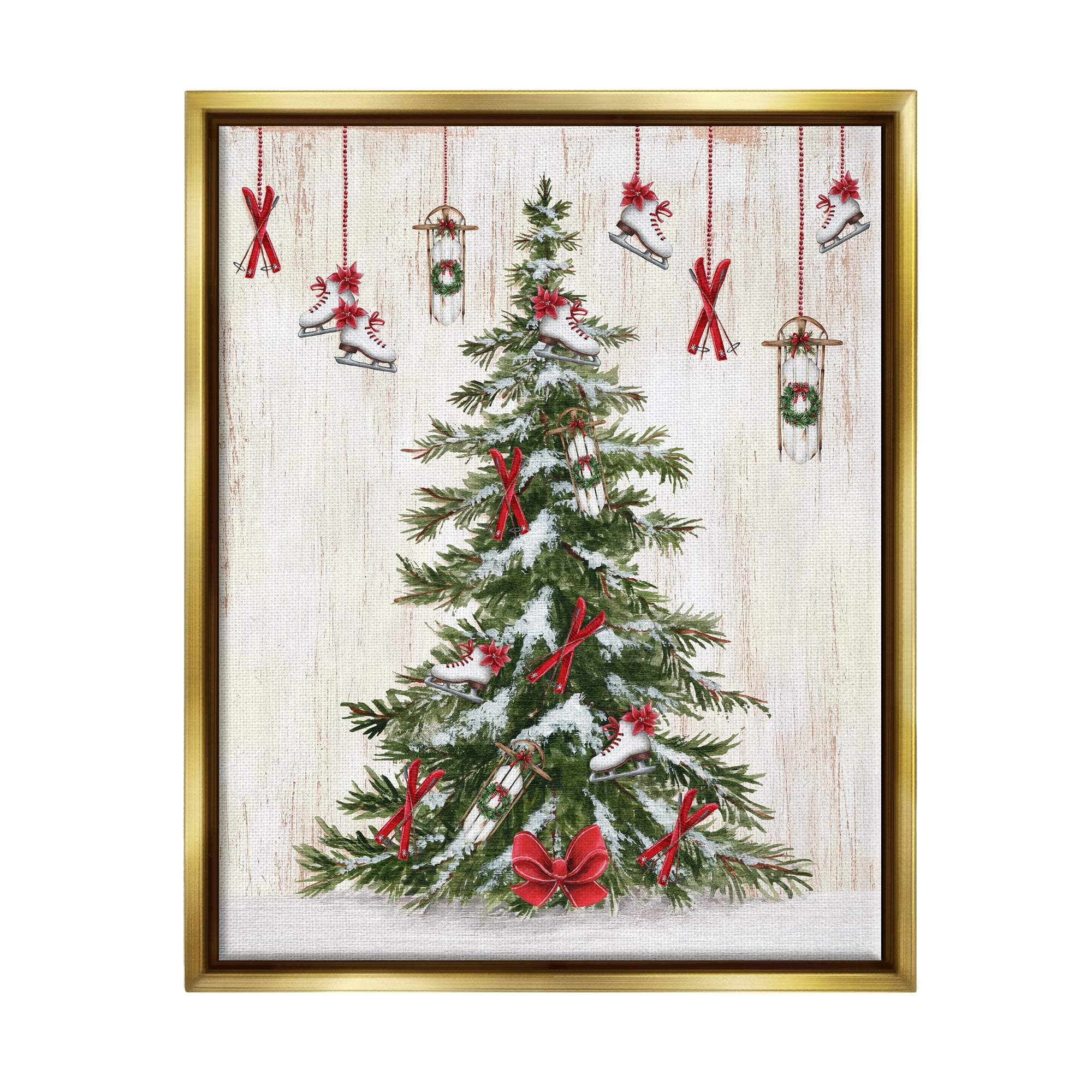 Stupell Industries Ice Skates & Sleds on Tree Holiday Painting Gold Floater Framed Canvas Art Print Wall Art, 25 x 31