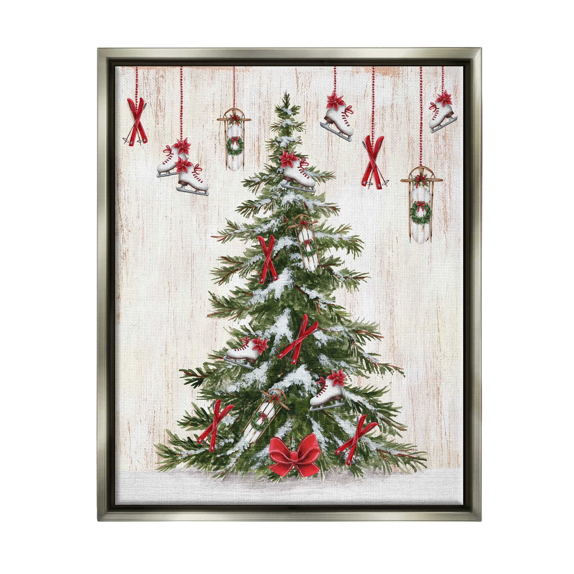Stupell Industries Ice Skates & Sleds on Tree Holiday Painting Gray Floater Framed Canvas Art Print Wall Art, 25 x 31
