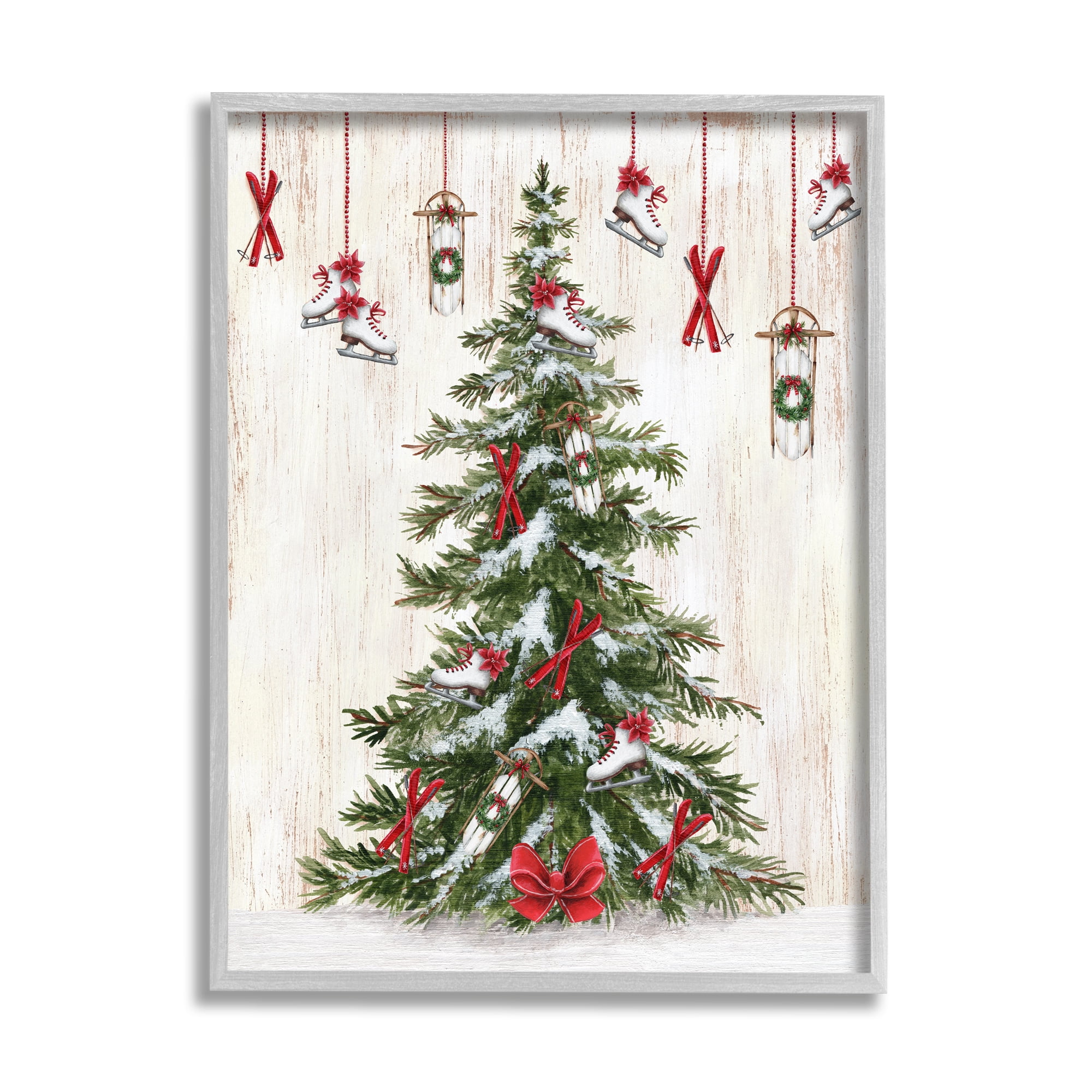 Stupell Industries Ice Skates & Sleds on Tree Holiday Painting Gray Framed Art Print Wall Art, 11 x 14