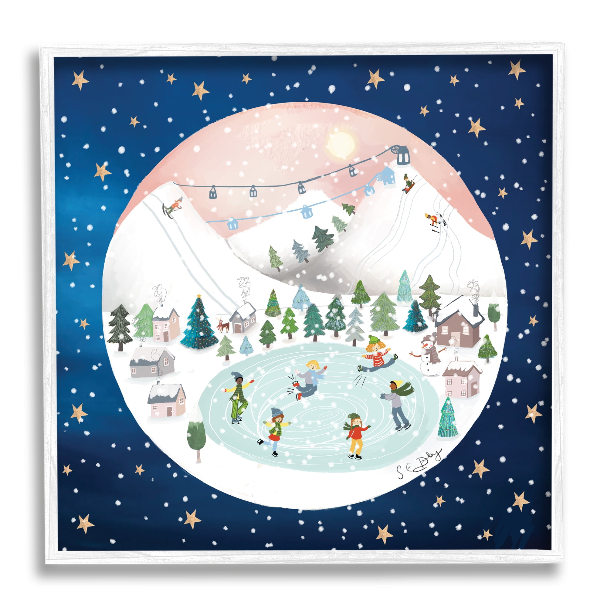Stupell Industries Ice Skating Christmas Snow Scene Holiday Painting White Framed Art Print Wall Art
