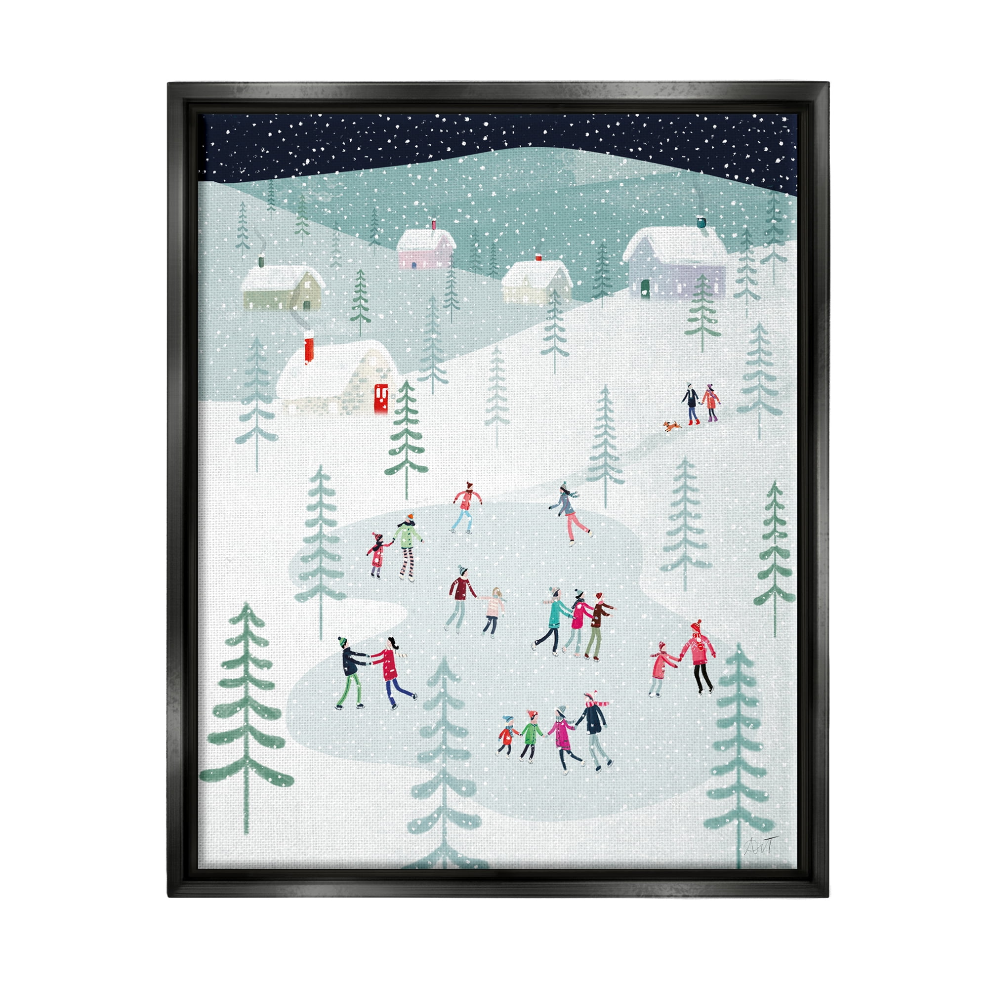 Stupell Industries Ice Skating Families Snowfall Holiday Painting Black Floater Framed Art Print Wall Art