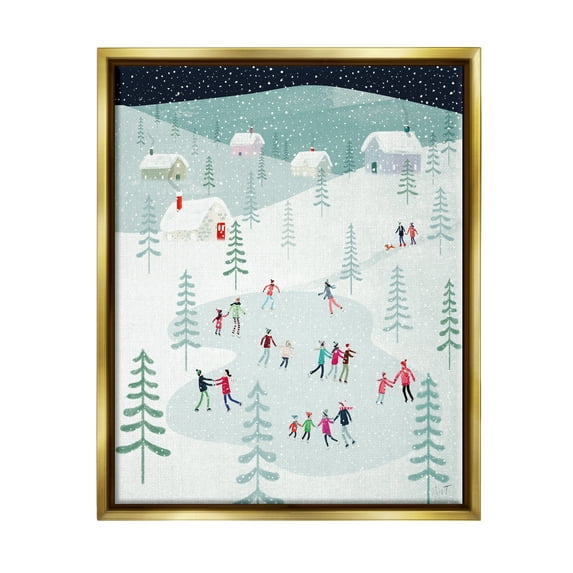 Stupell Industries Ice Skating Families Snowfall Holiday Painting Gold Floater Framed Art Print Wall Art