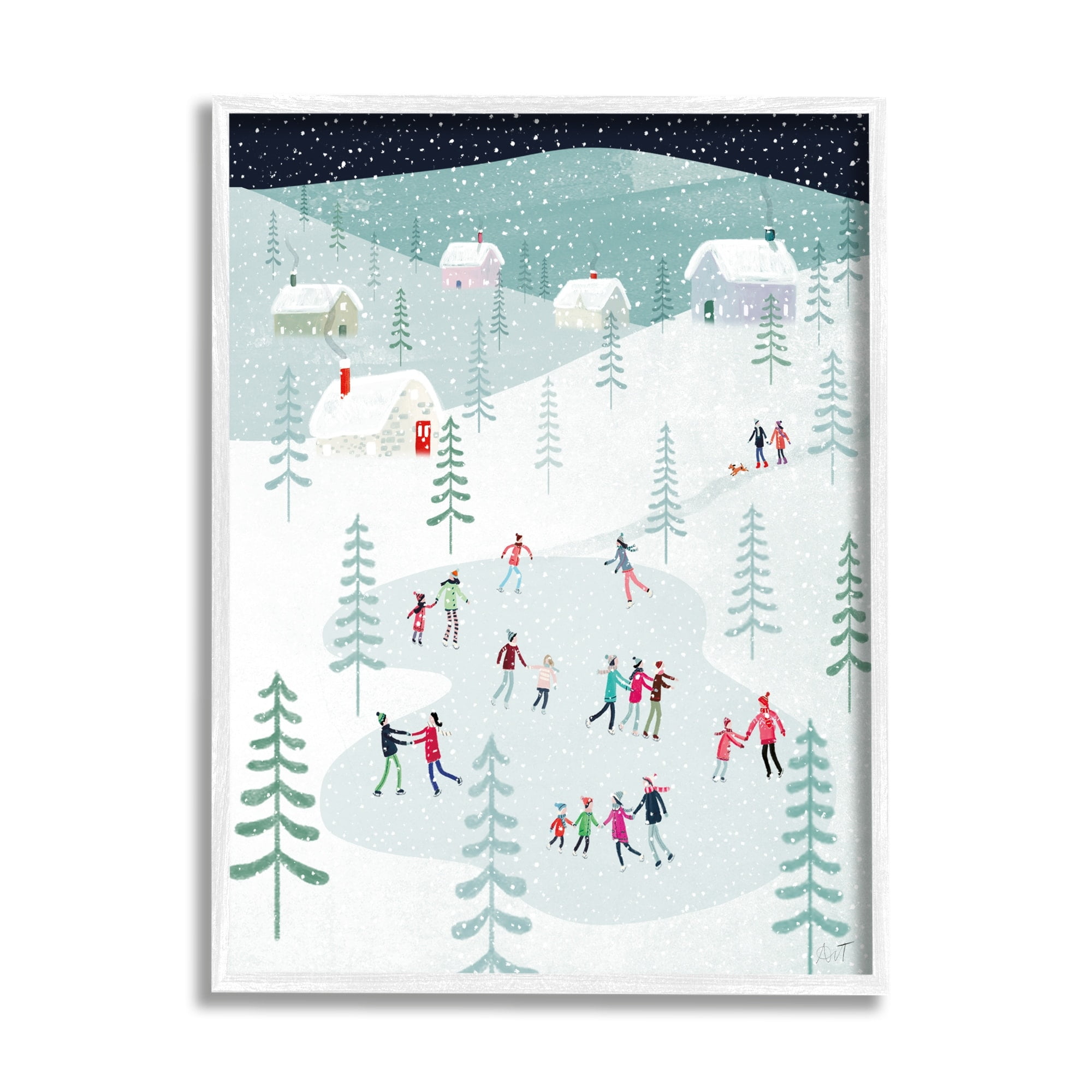 Stupell Industries Ice Skating Families Snowfall Holiday Painting White Framed Art Print Wall Art