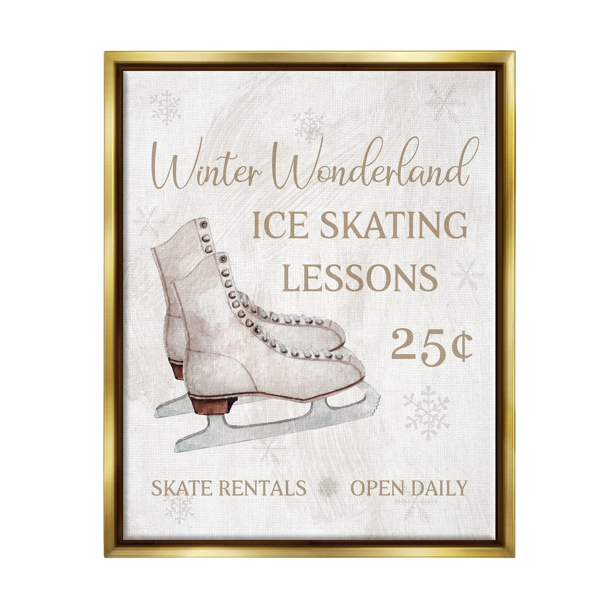 Stupell Industries Ice Skating Lessons Sign Holiday Painting Gold Floater Framed Canvas Art Print Wall Art, 17 x 21