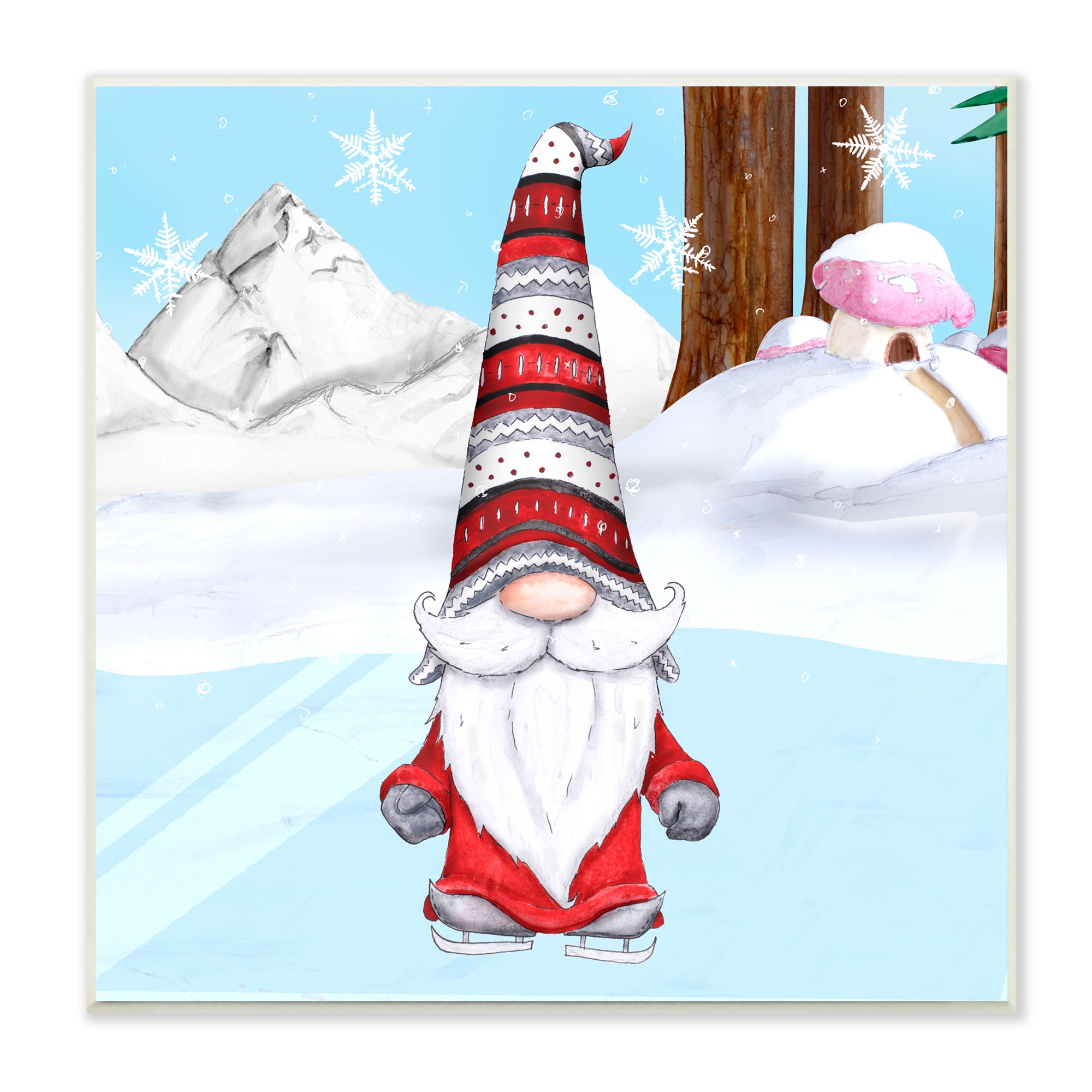 Stupell Industries Ice Skating Winter Gnome Red White Garden Elf Fairy Tales & Fantasy Painting Unframed Art Print Wall Art, 12 x 12