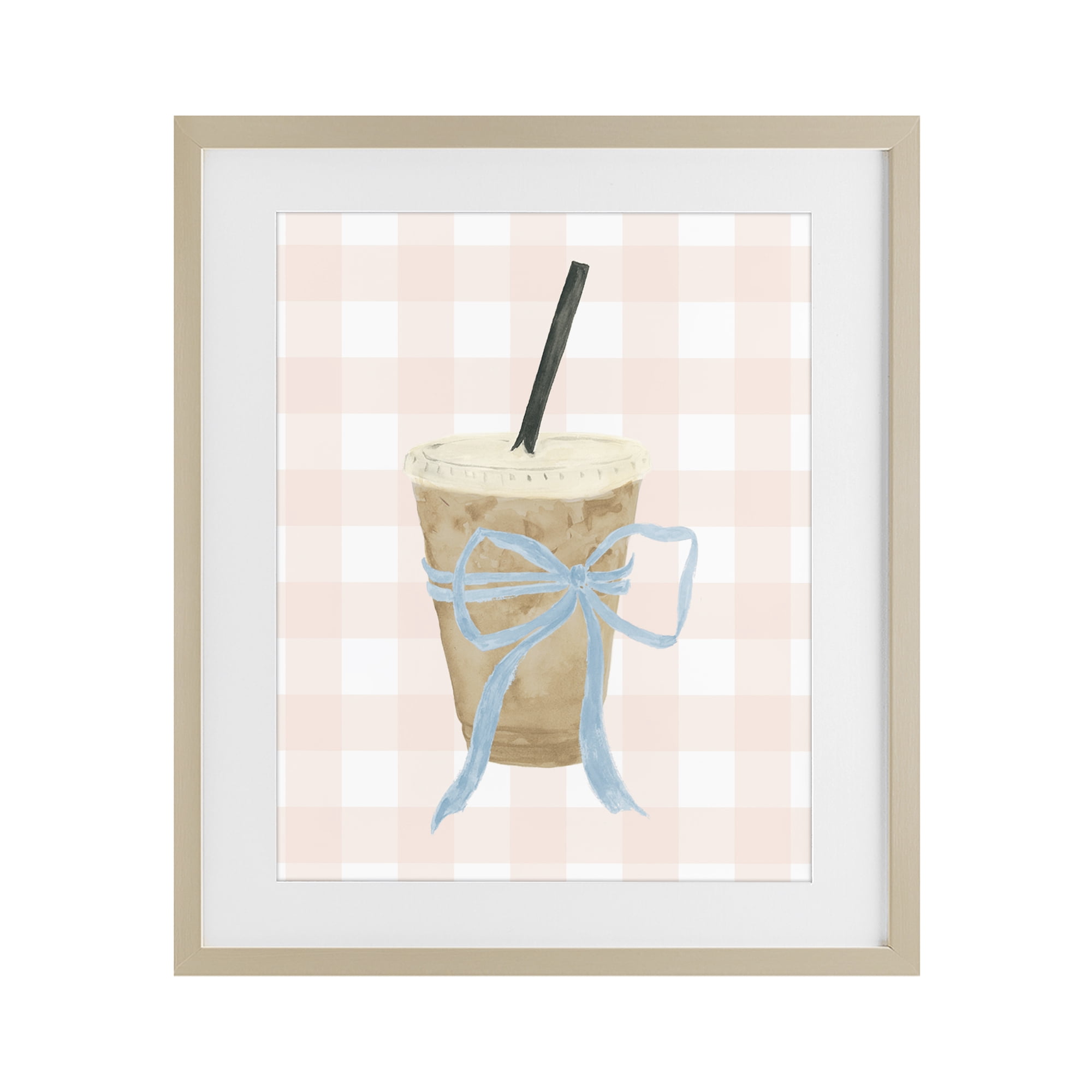 Stupell Industries Iced Coffee on Gingham Birch Framed Print Under Glass, design by Lucille Price