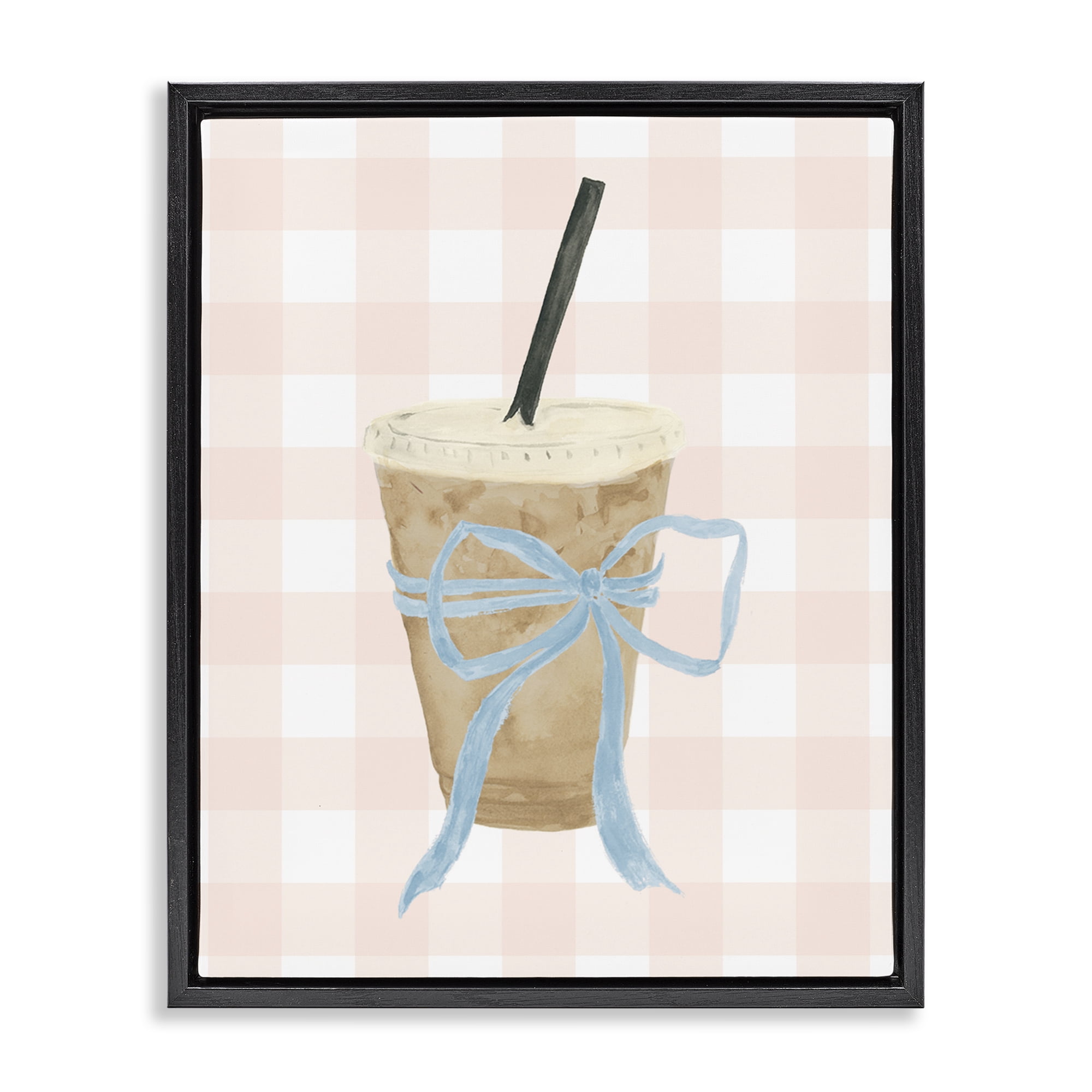 Stupell Industries Iced Coffee on Gingham Black Framed Floater Canvas Wall Art, design by Lucille Price