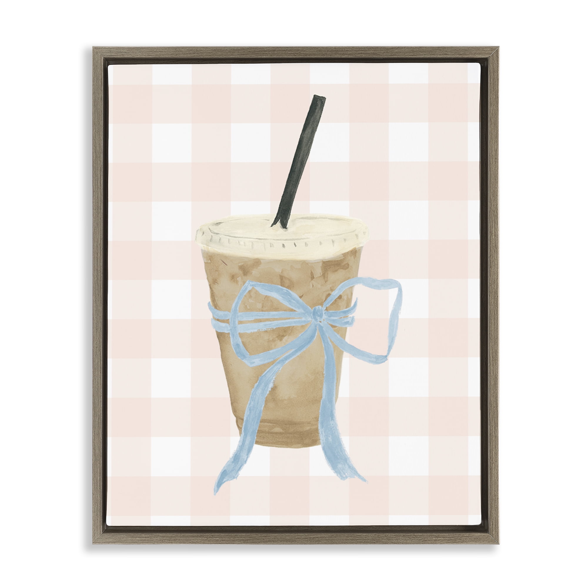 Stupell Industries Iced Coffee on Gingham Brown Framed Floater Canvas Wall Art, design by Lucille Price