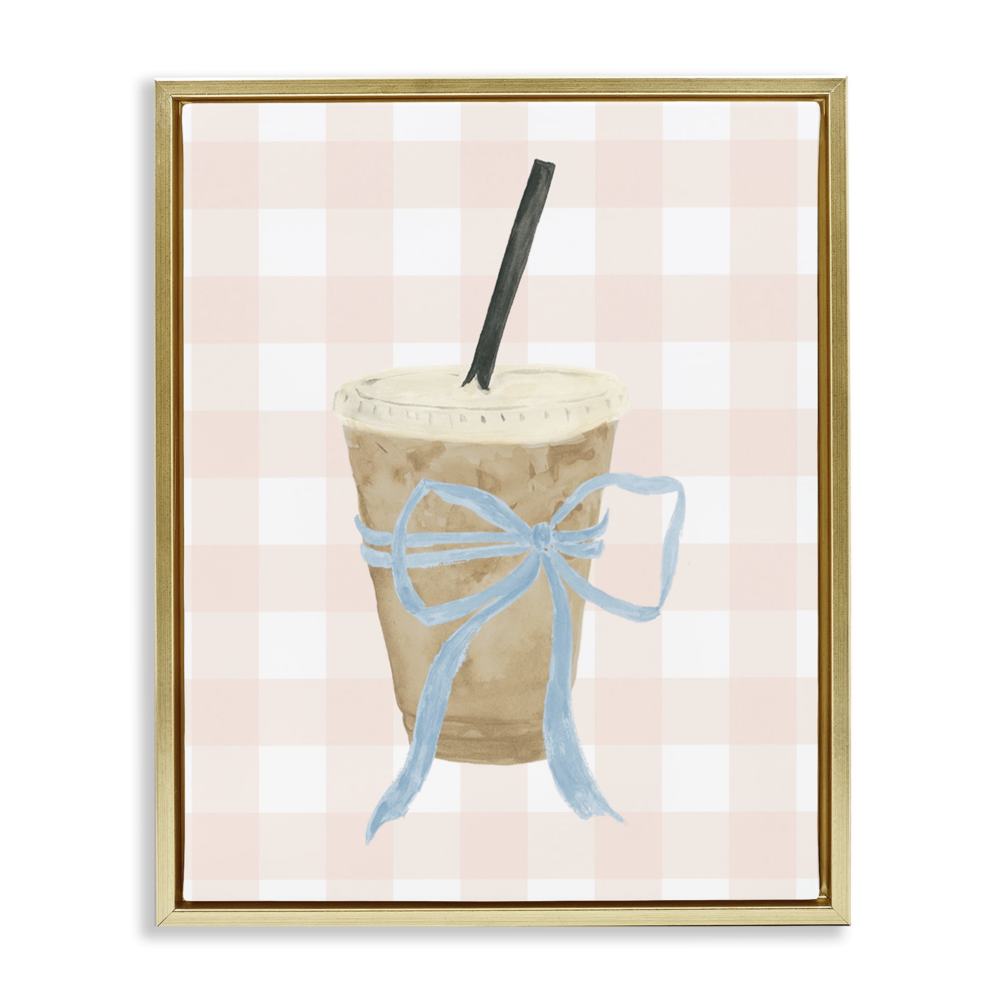 Stupell Industries Iced Coffee on Gingham Gold Framed Floater Canvas Wall Art, design by Lucille Price