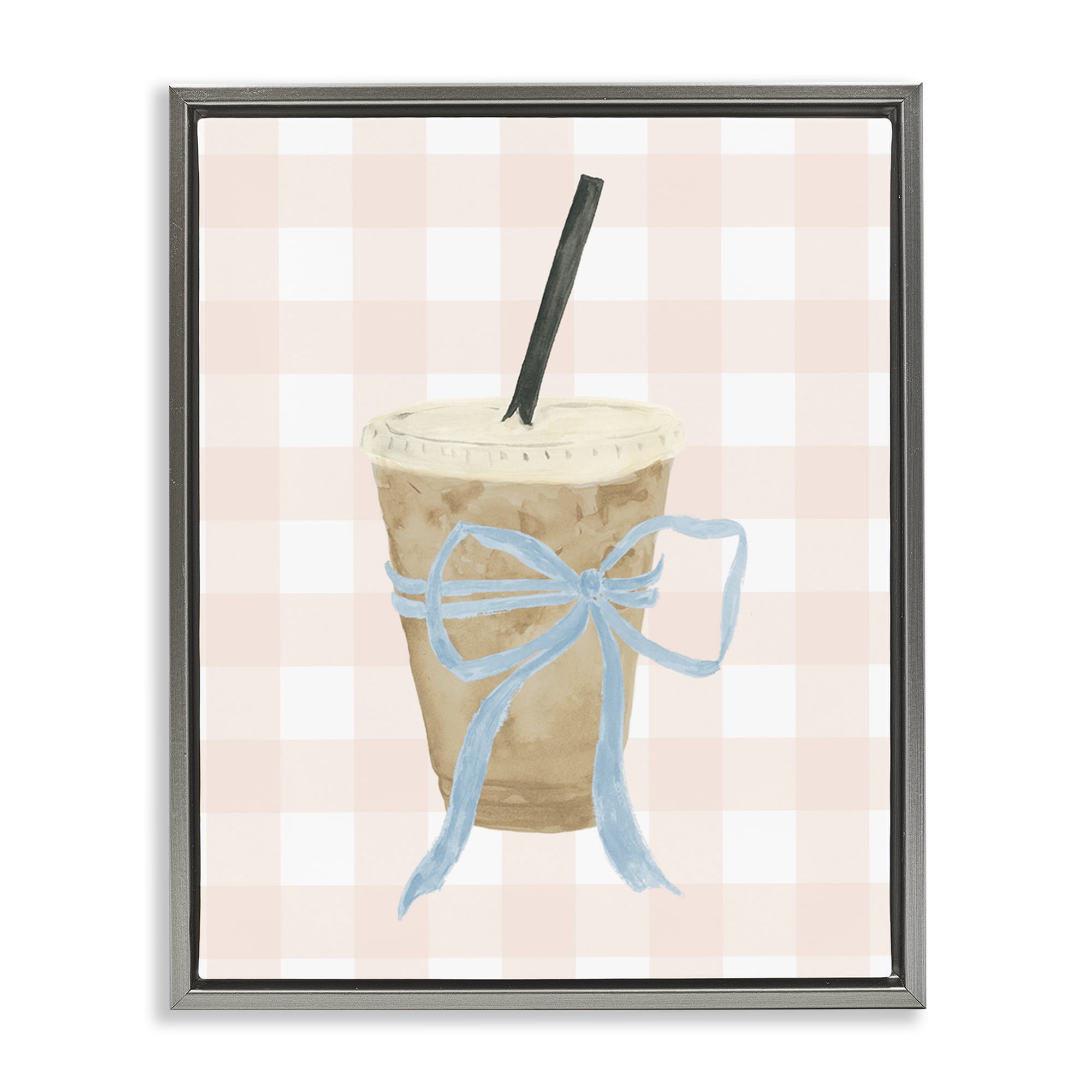 Stupell Industries Iced Coffee on Gingham Gray Framed Floater Canvas Wall Art, design by Lucille Price