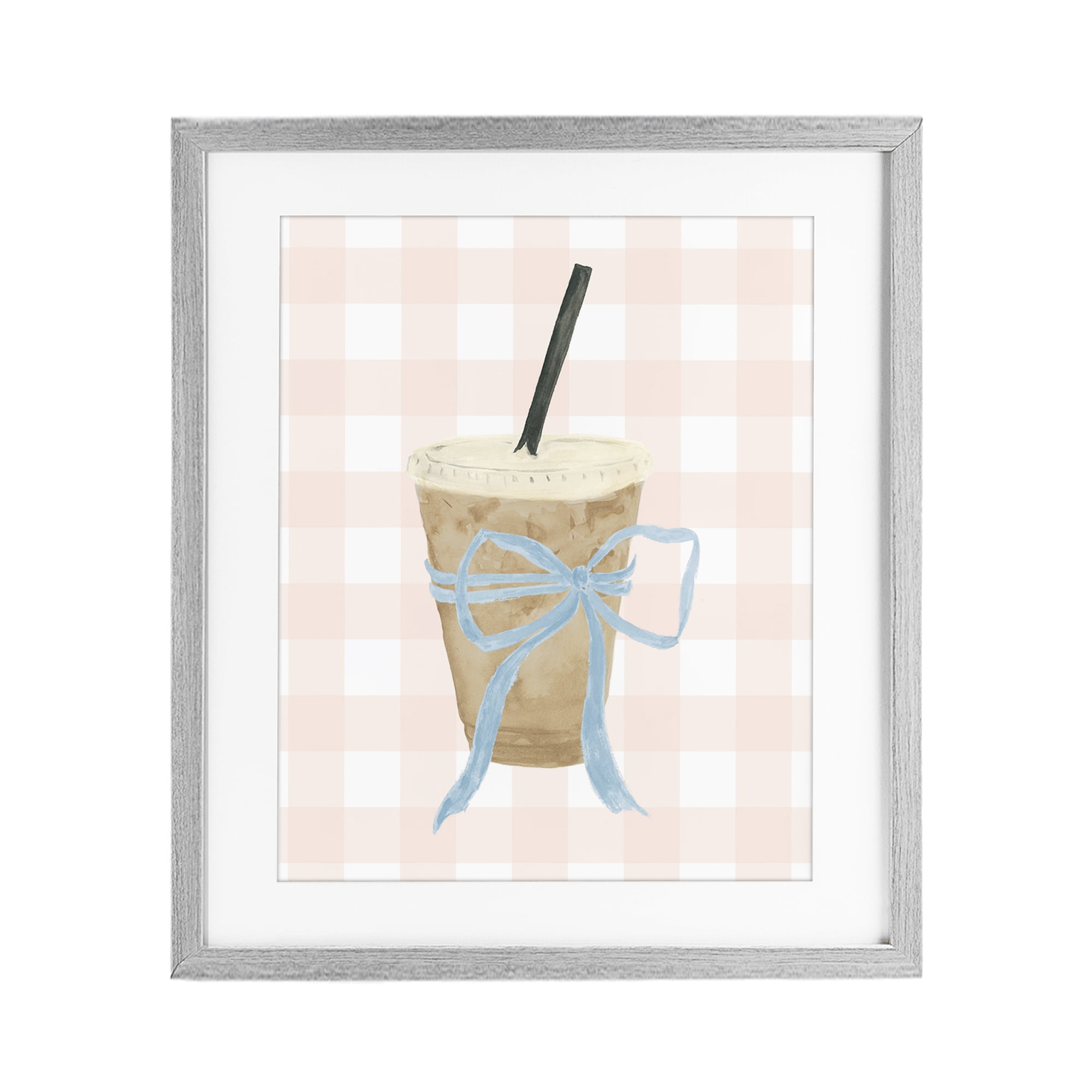 Stupell Industries Iced Coffee on Gingham Gray Framed Print Under Glass, design by Lucille Price