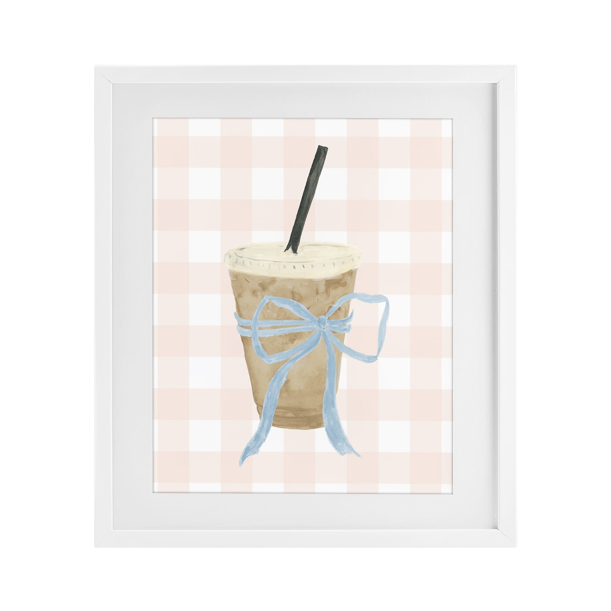 Stupell Industries Iced Coffee on Gingham White Framed Print Under Glass, design by Lucille Price