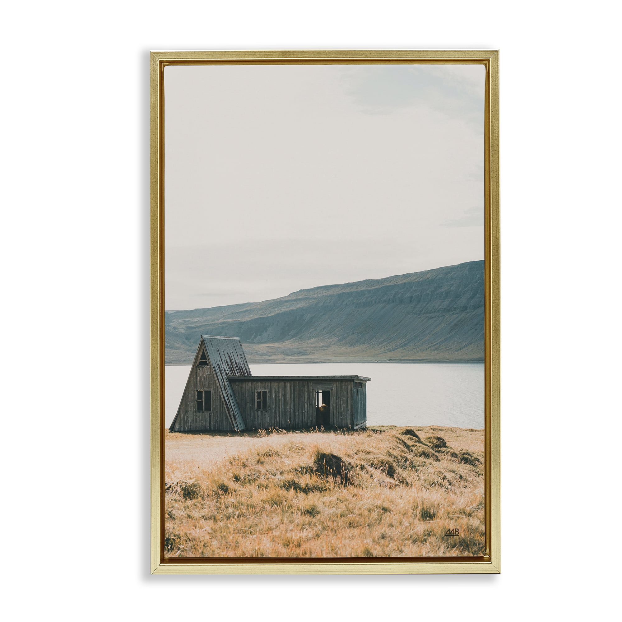 Stupell Industries Iceland Shore Cottage Landscape & Nature Photography Gold Floater Framed Canvas Art Print Wall Art, 17 x 25