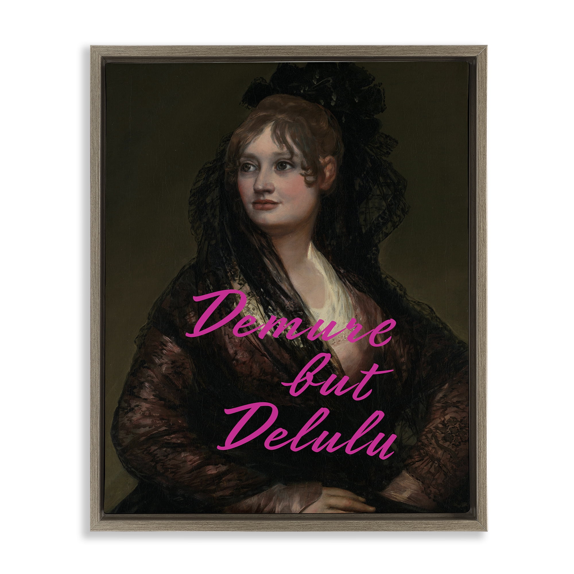 Stupell Industries Iconic Demure But Delulu Brown Framed Floater Canvas Wall Art, design by Grotto Studios