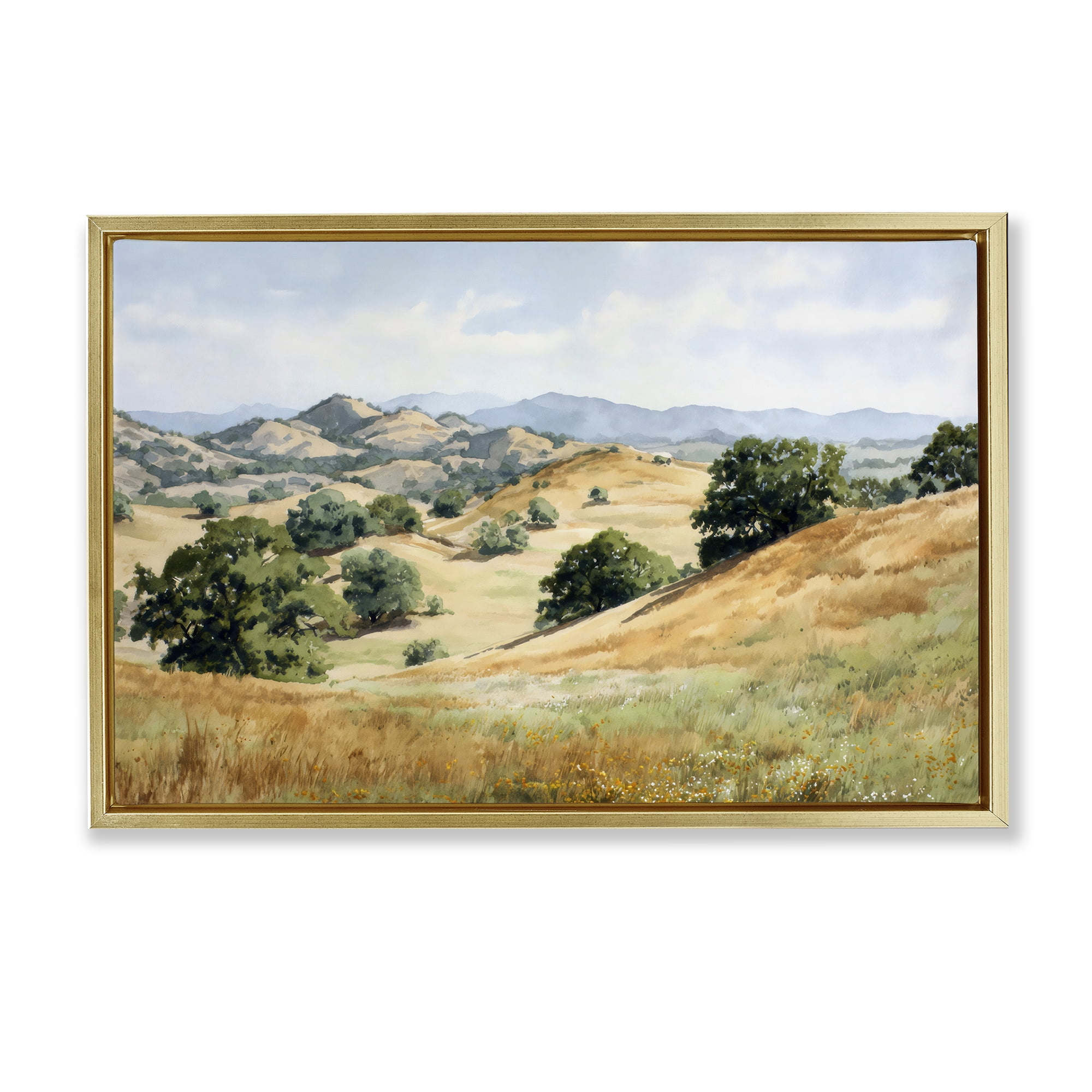 Stupell Industries Idyllic Mountains and Trees Gold Framed Floater Canvas Wall Art, design by Petal Prints Design