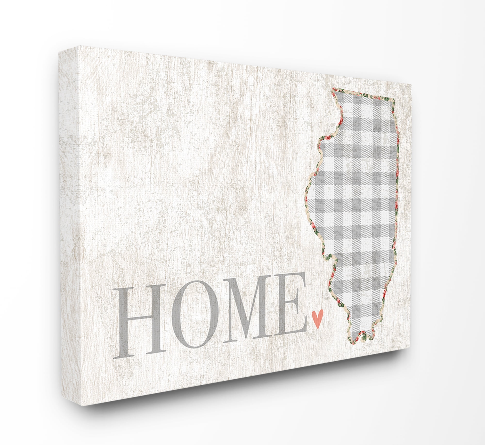 Stupell Industries Illinois Grey Gingham and Floral Heart and Home Town & City Painting Gallery Wrapped Canvas Art Print Wall Art, 30 x 40
