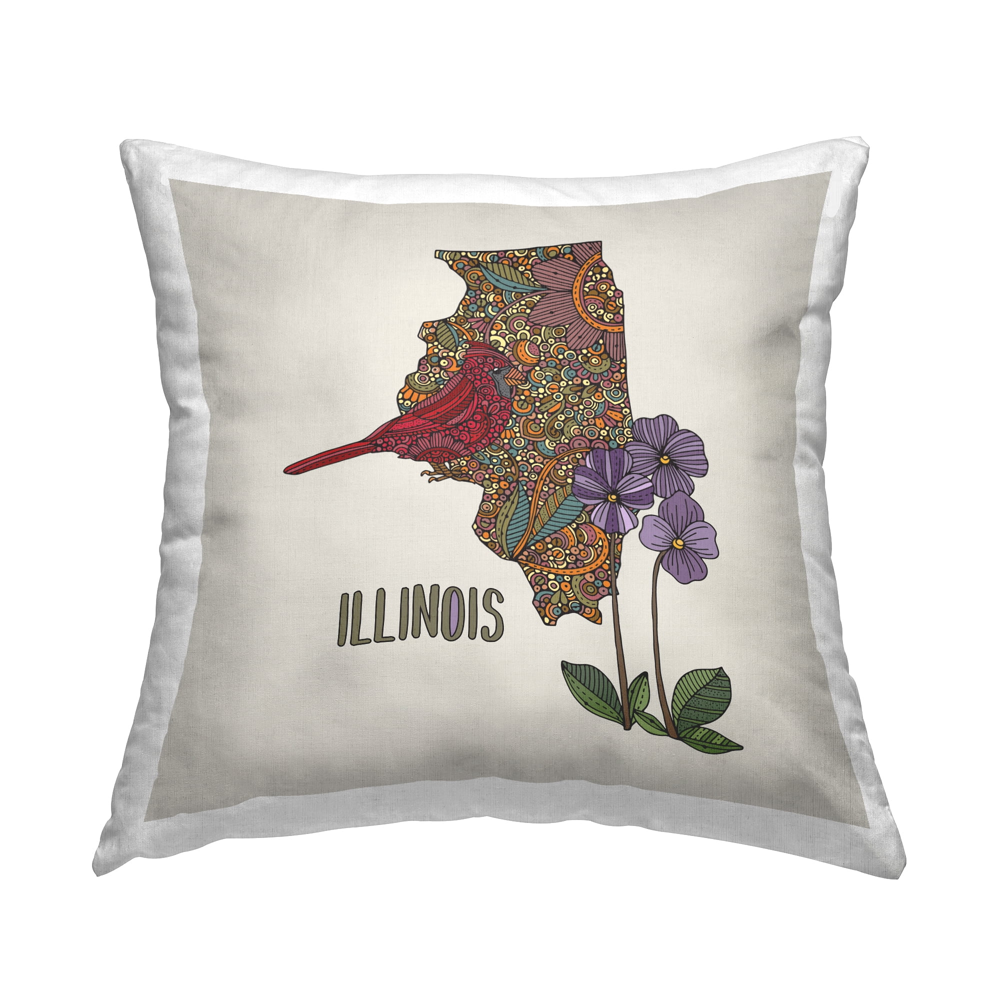 Stupell Industries Illinois State Bird & Flower Square Decorative Printed Throw Pillow, 18 x 18,