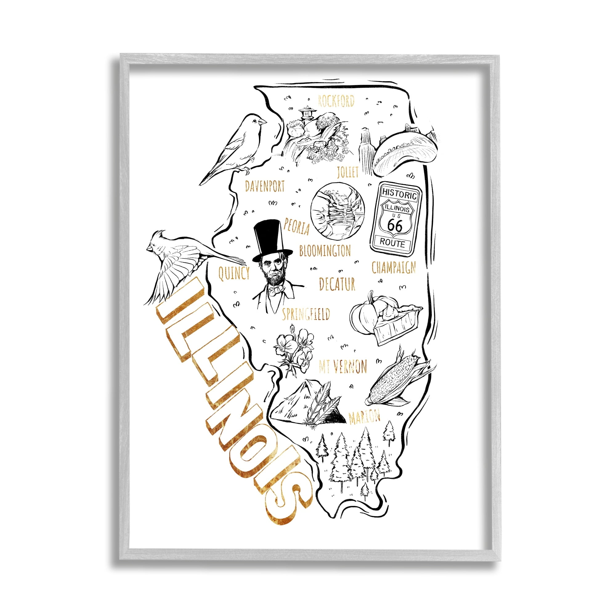 Stupell Industries Illinois State Landmark Map Glam Detail Text Framed Wall Art, 11 x 14, Design by Ziwei Li
