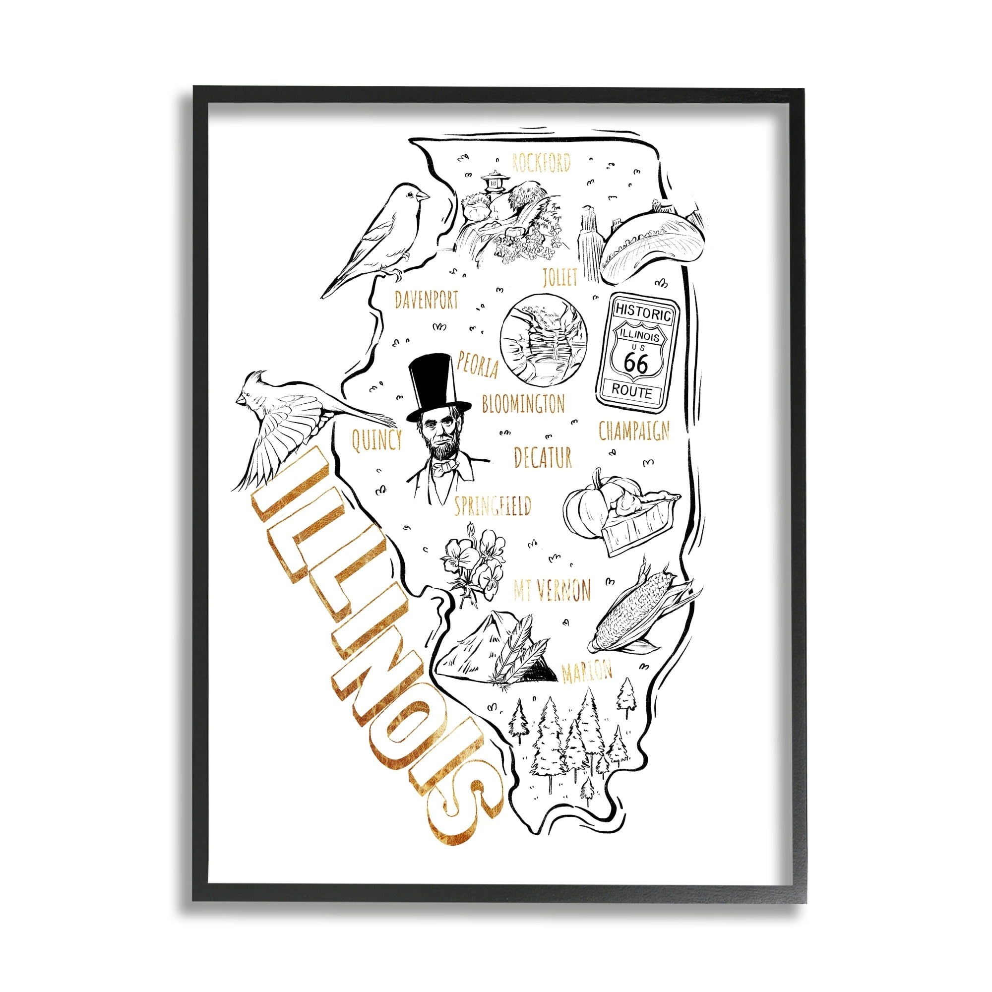 Stupell Industries Illinois State Landmark Map Glam Detail Text Framed Wall Art, 16 x 20, Design by Ziwei Li