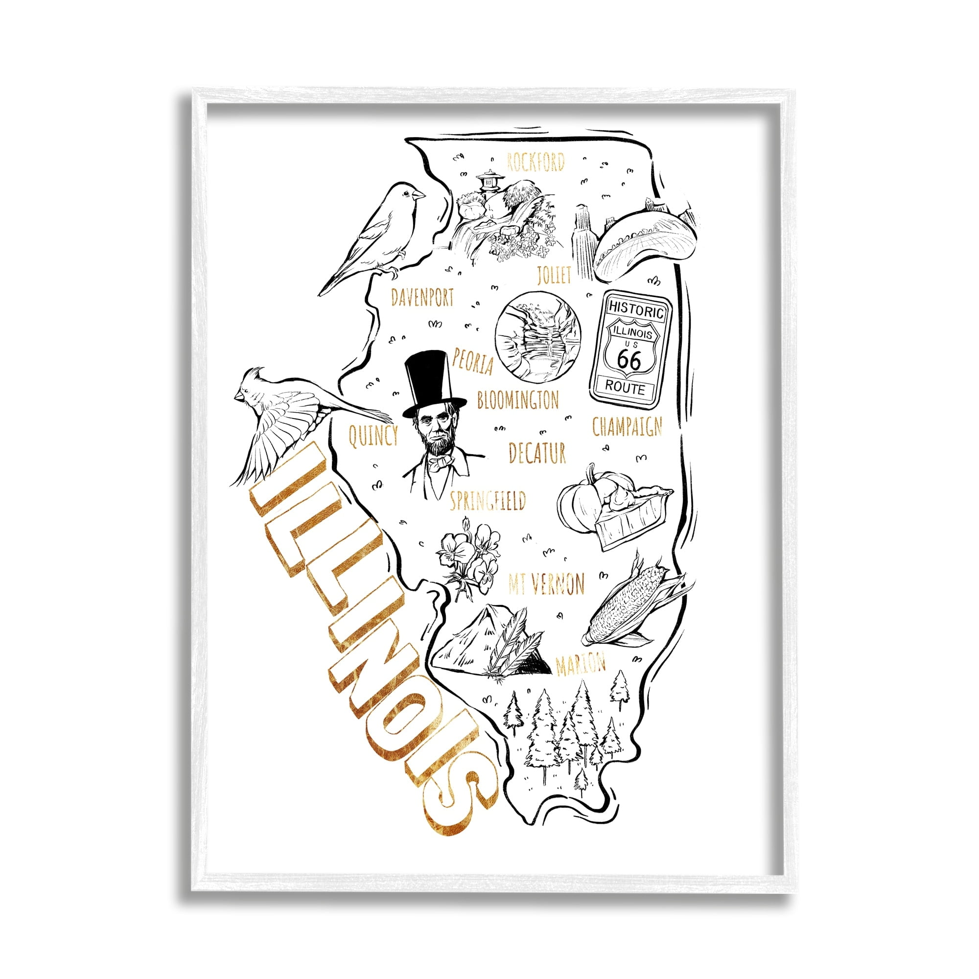 Stupell Industries Illinois State Landmark Map Glam Detail Text Framed Wall Art, 16 x 20, Design by Ziwei Li