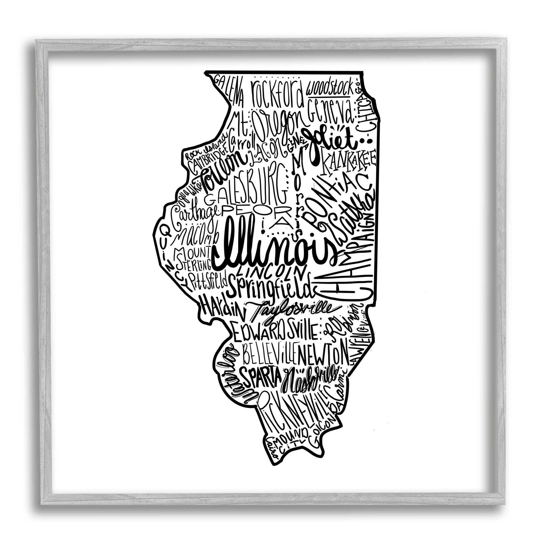 Stupell Industries Illinois US State Typography Map Shape Graphic Art Gray Framed Art Print Wall Art, Design by The Saturday Evening Post