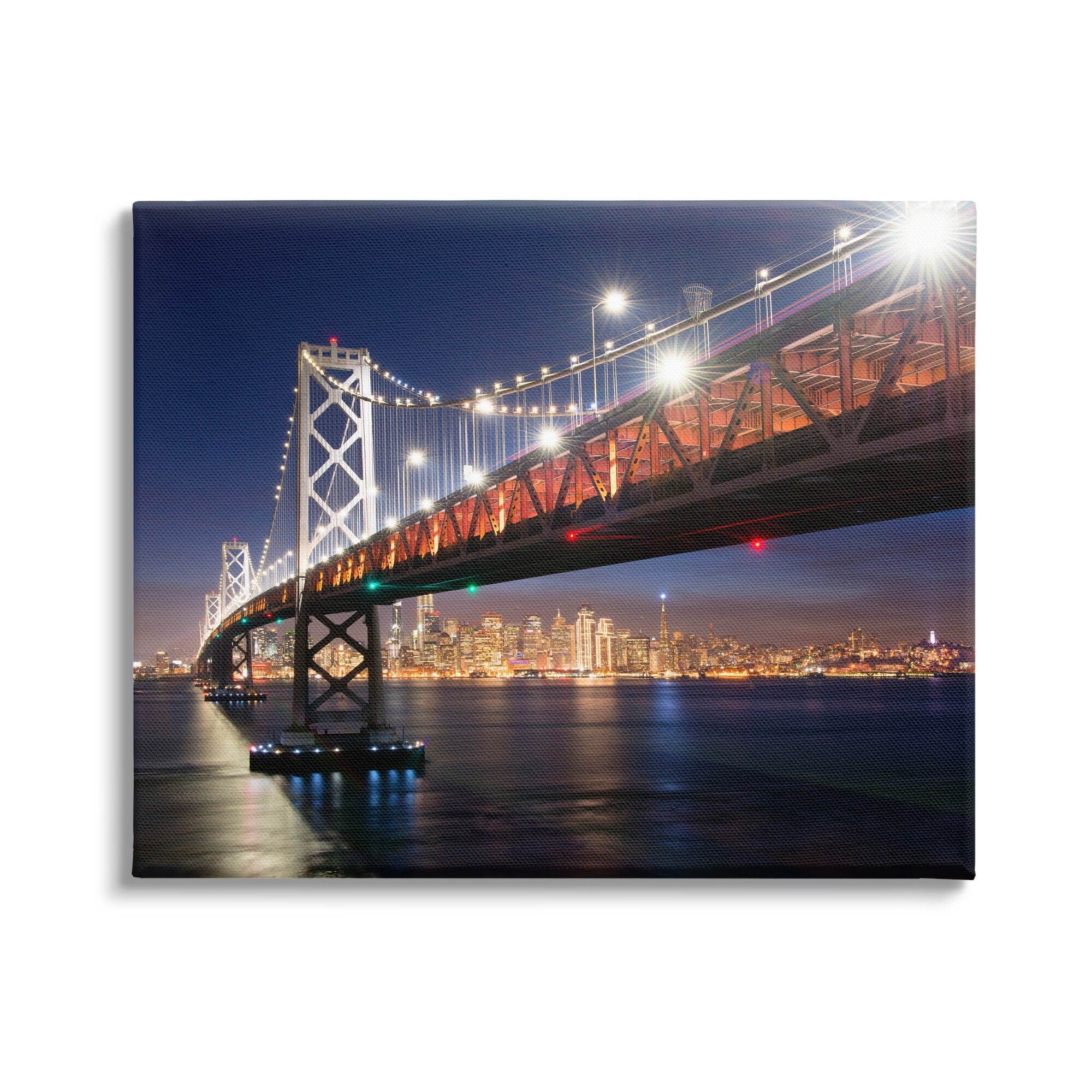 Stupell Industries Illuminated Water Ocean Bridge Urban City Skyline Canvas Wall Art, 20 x 16, Design by John Gavrilis