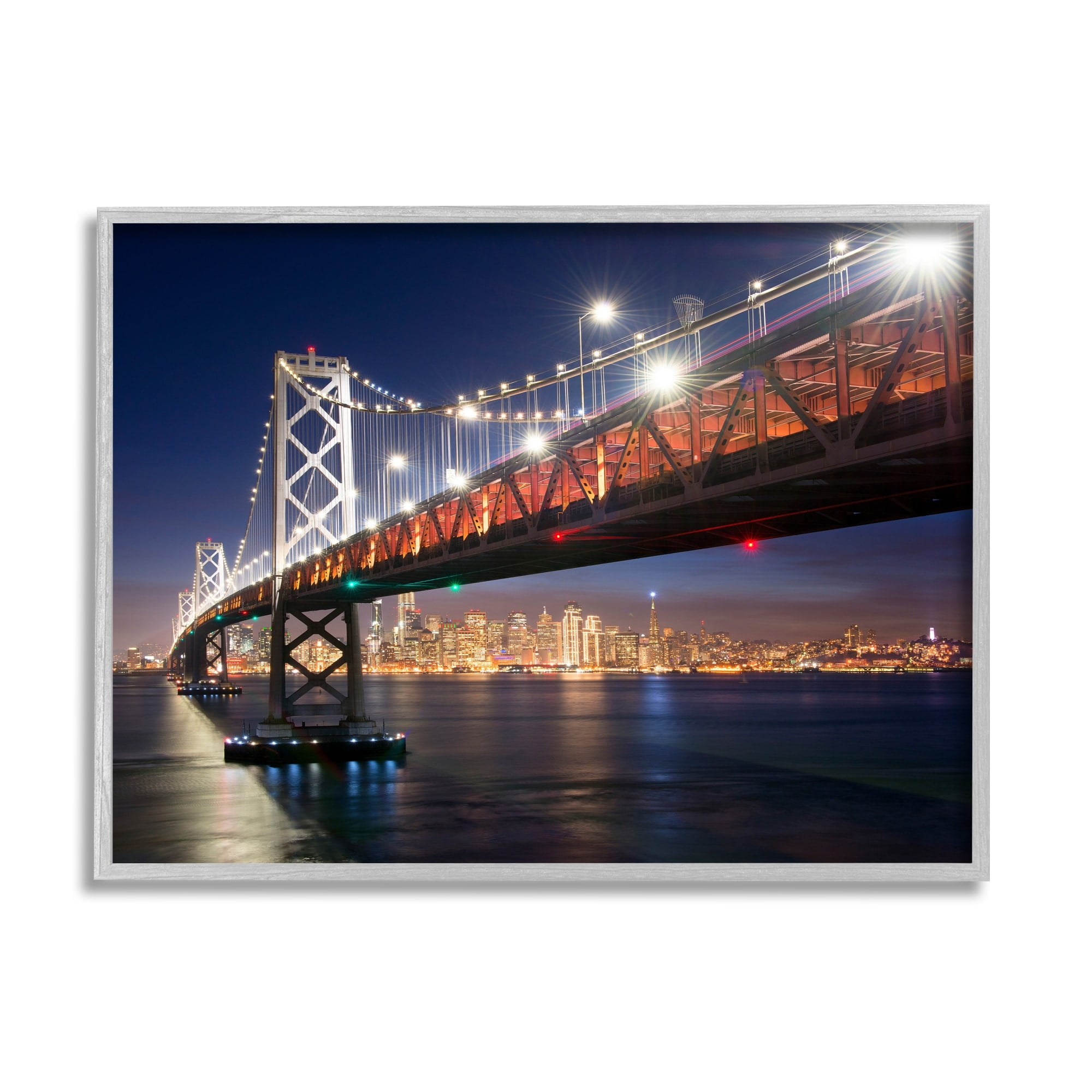 Stupell Industries Illuminated Water Ocean Bridge Urban City Skyline Framed Wall Art, 20 x 16, Design by John Gavrilis