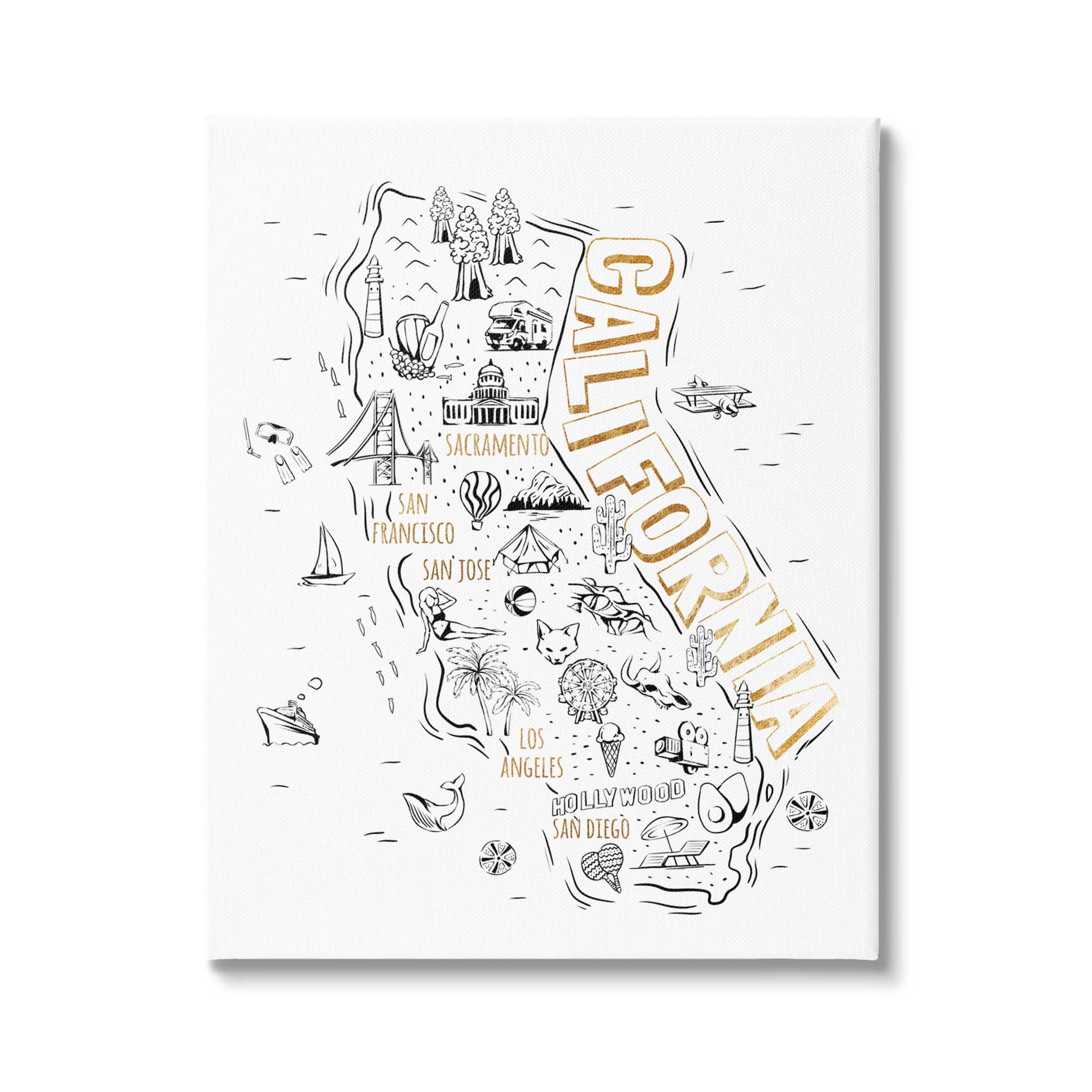 Illustrated California State Landmarks Canvas Print, 16 x 20