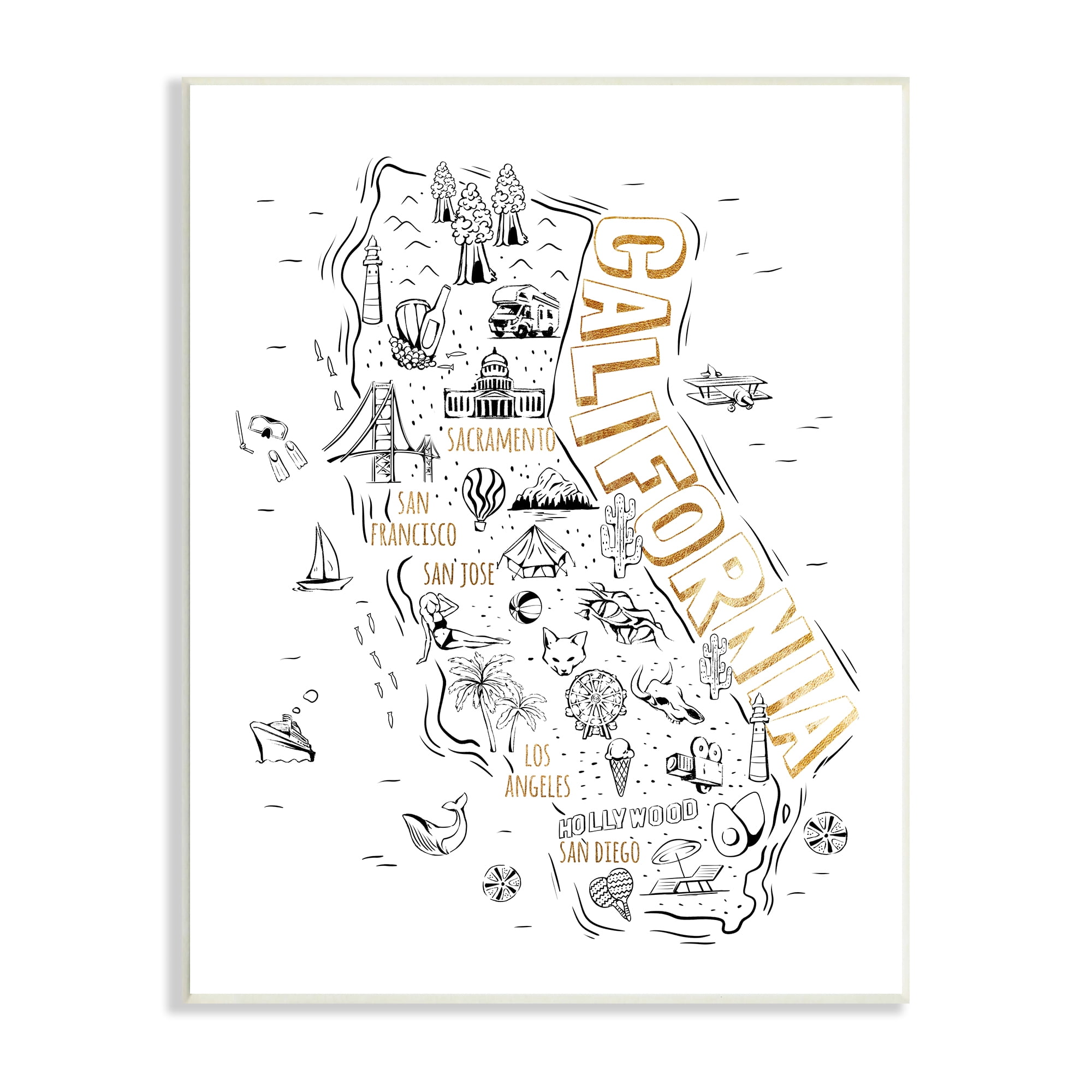 California State Landmarks Map Graphic Art on MDF Wood, 10x15